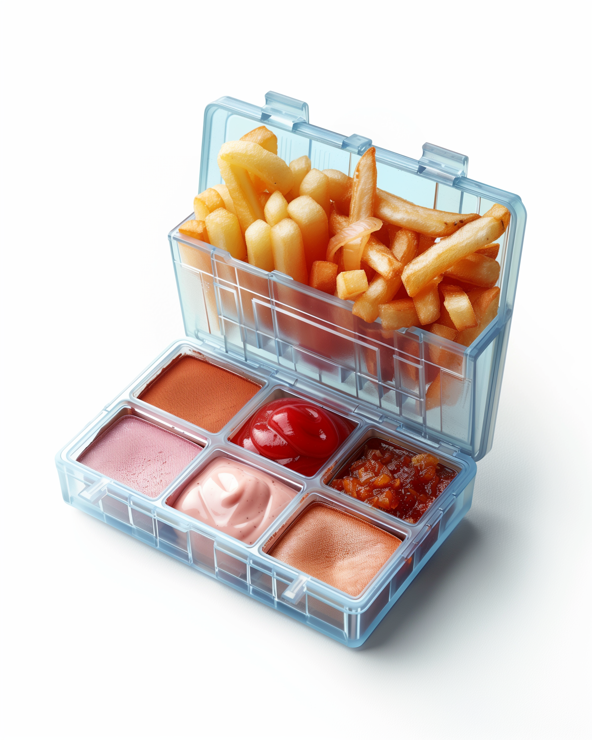 A food container holding French fries with a variety of ketchup and dipping sauces.