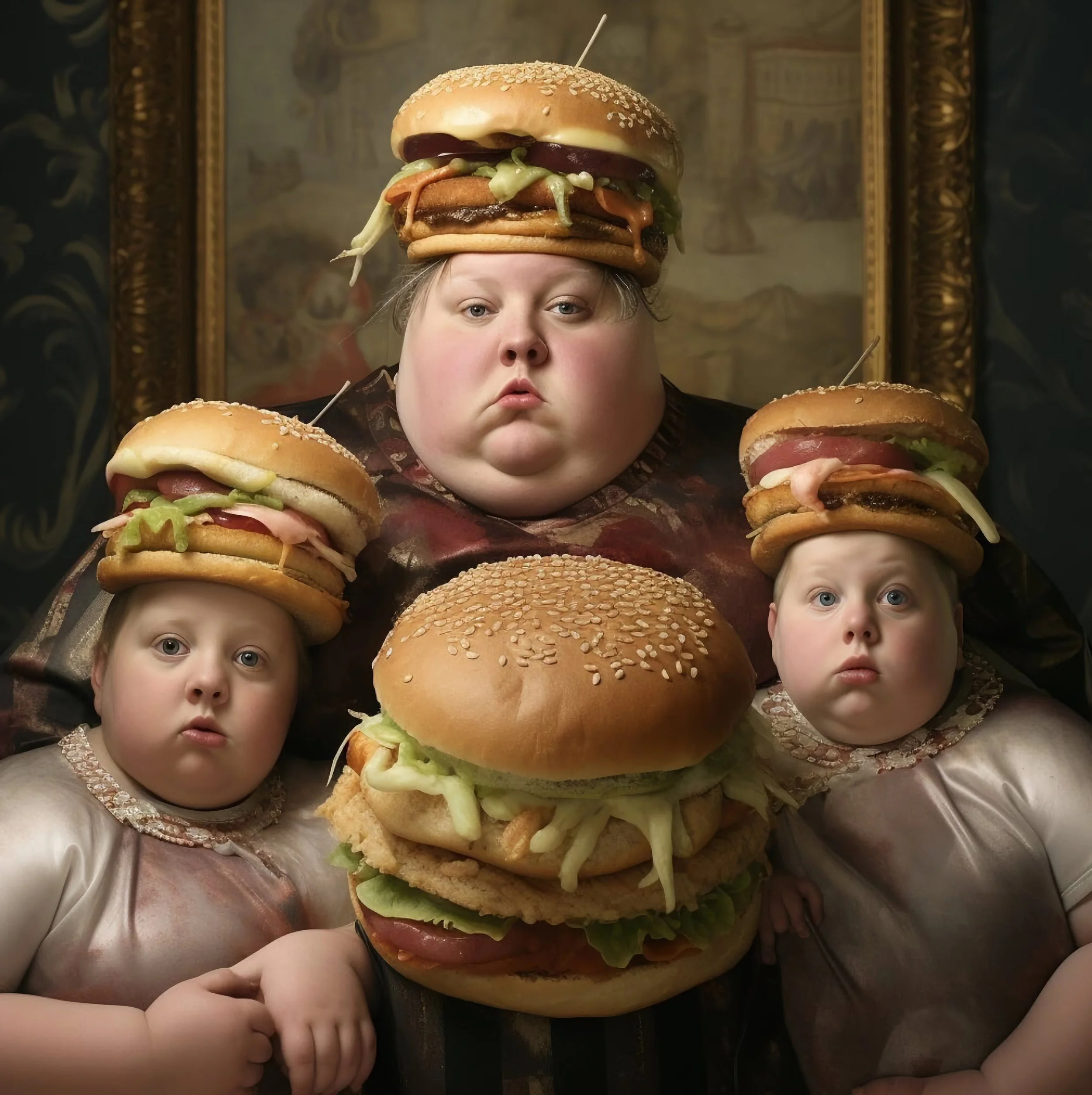 A woman and two children with large burger-shaped hats on their heads and large burger props in front of them, posed as a portrait against a dark ornate background.
