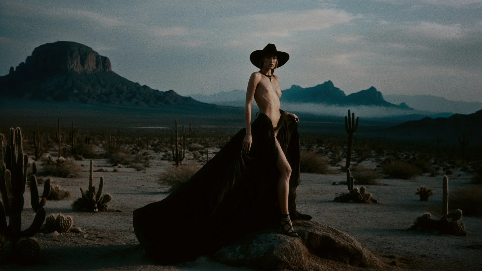 A topless woman with a black wide-brimmed hat and black high-heeled sandals standing on a rock in a desert landscape with cacti, mountains, and a cloudy sky in the background.