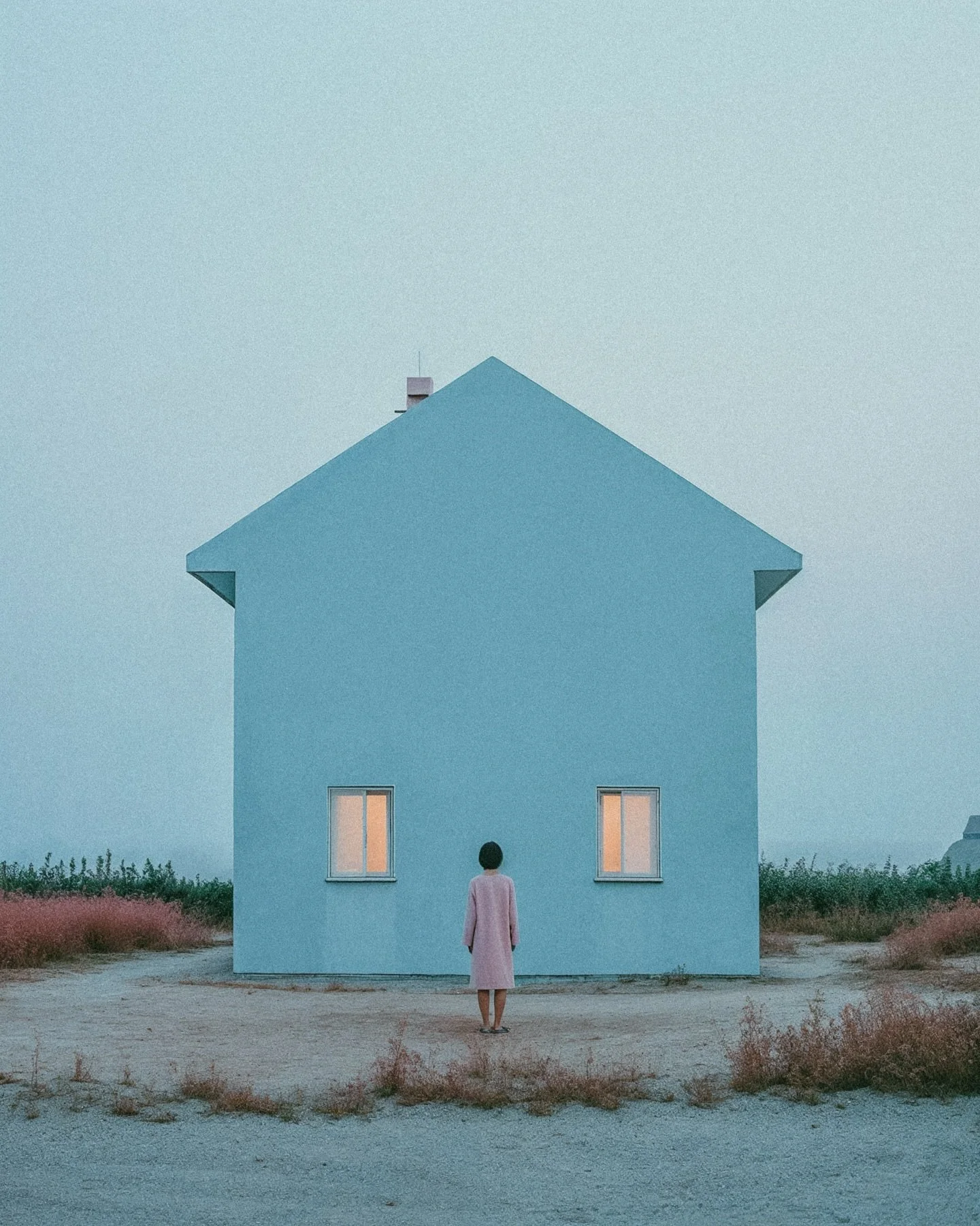 A person in a pink coat stands on an open dirt area facing a large, blue house with two illuminated windows, surrounded by sparse grass and a pale sky.
