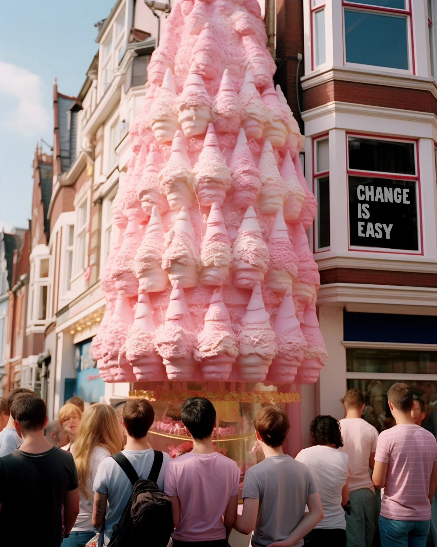 A large pink cotton candy cone shaped like a Christmas tree with people gathered around it on a city street; a sign on a nearby building reads 'Change is Easy'.