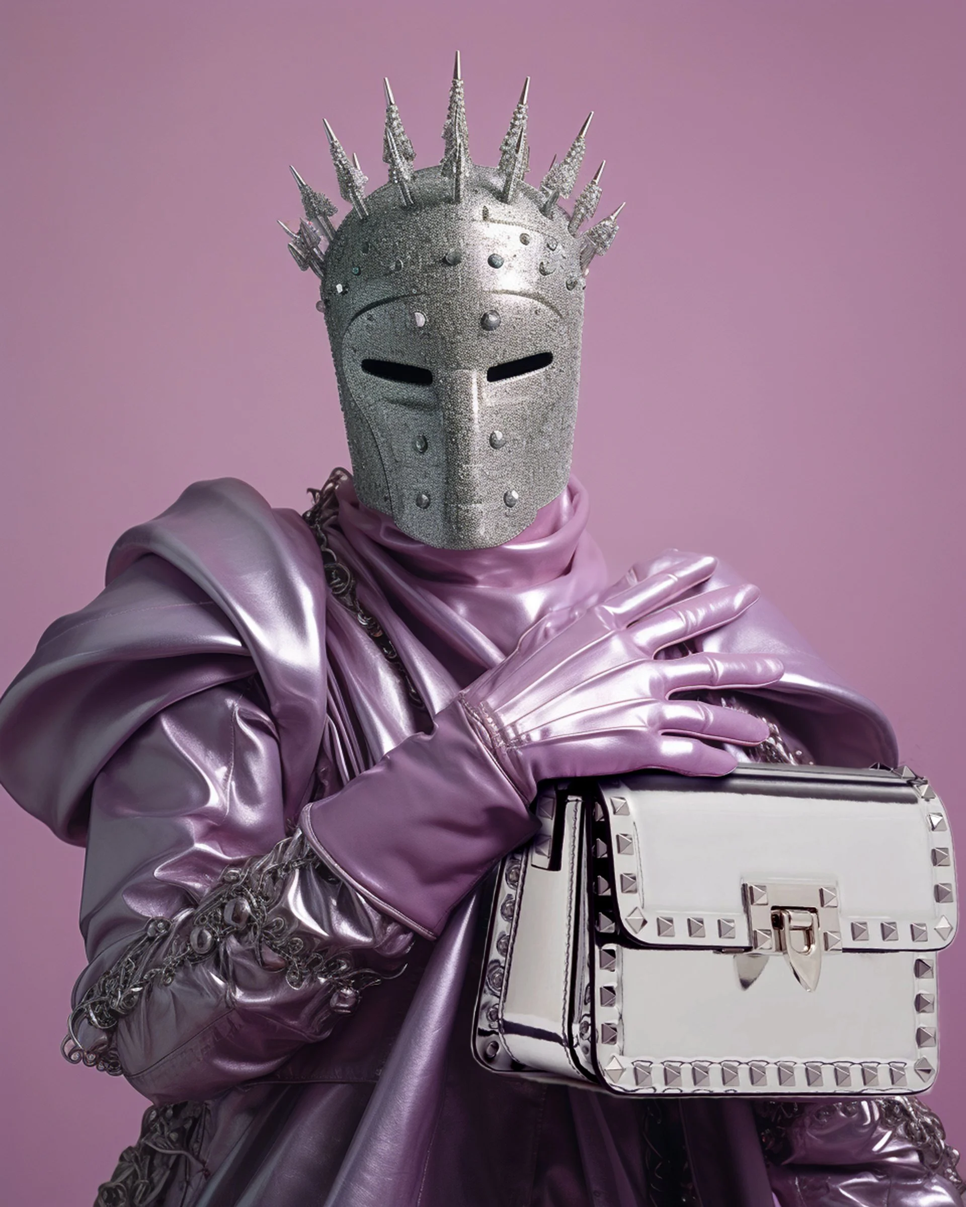 Person wearing a shiny silver mask with spikes, purple metallic clothing, and purple gloves, holding a silver handbag against a pink background.