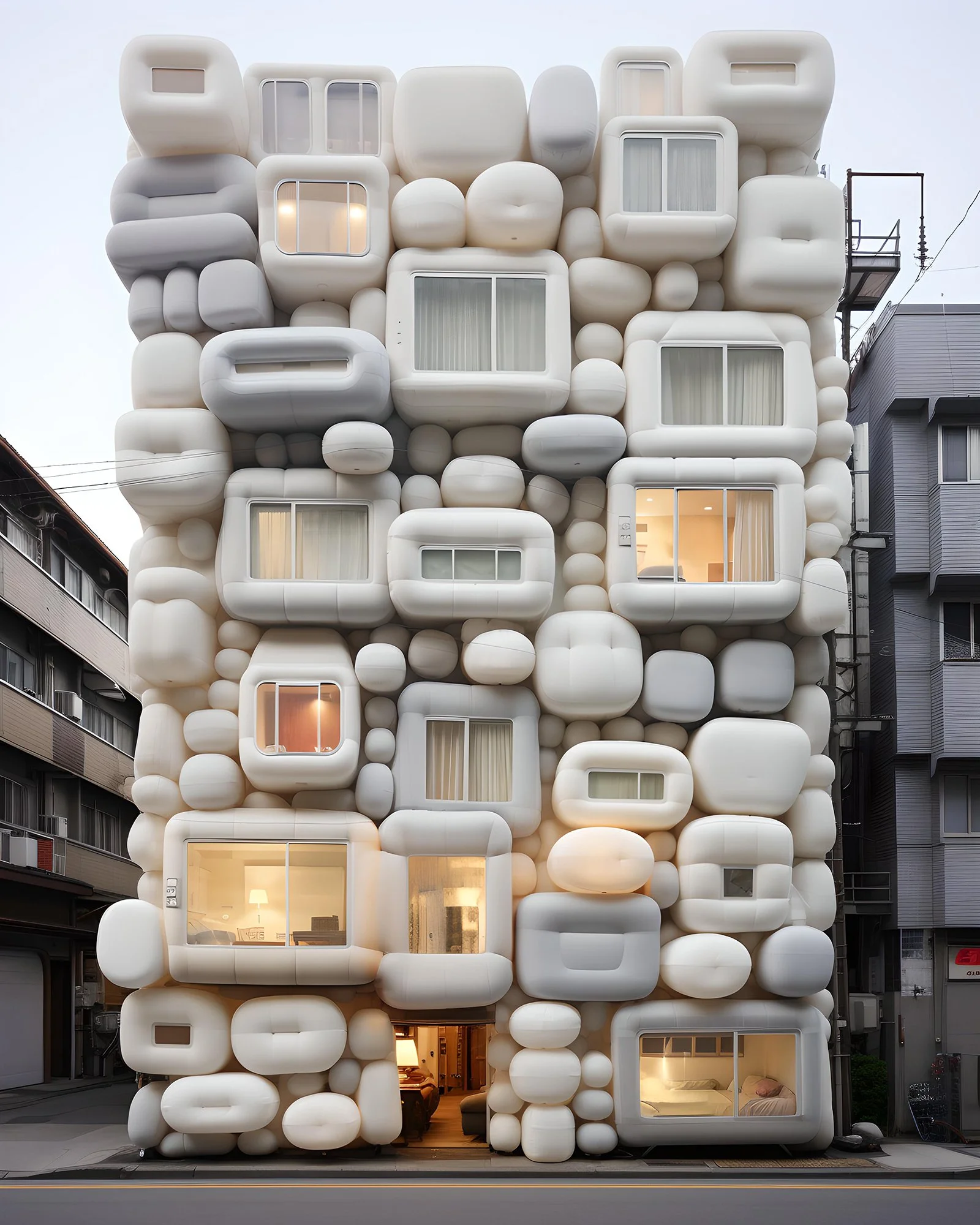 A modern multi-story building with an exterior covered in large, rounded, bubble-like structures and windows of various sizes. The bubbles are in shades of white and light gray, creating a whimsical, sculptural appearance. Interior lights are visible