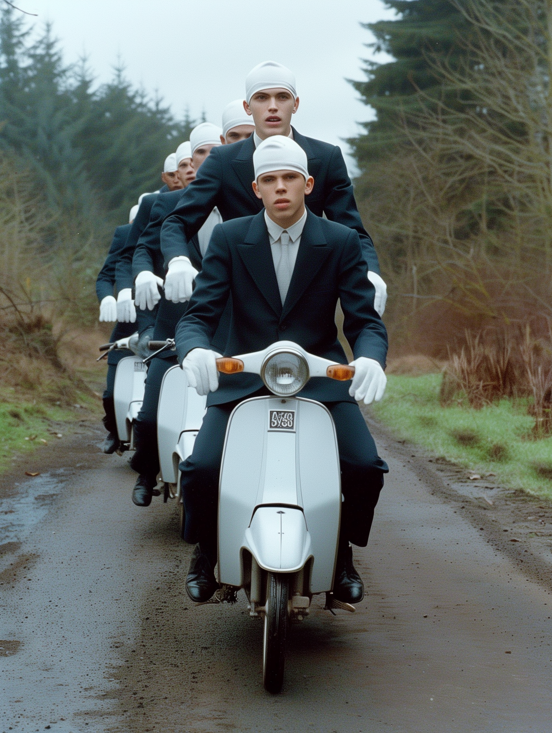 A line of men in tuxedos and white gloves riding a white scooter through a wooded area.