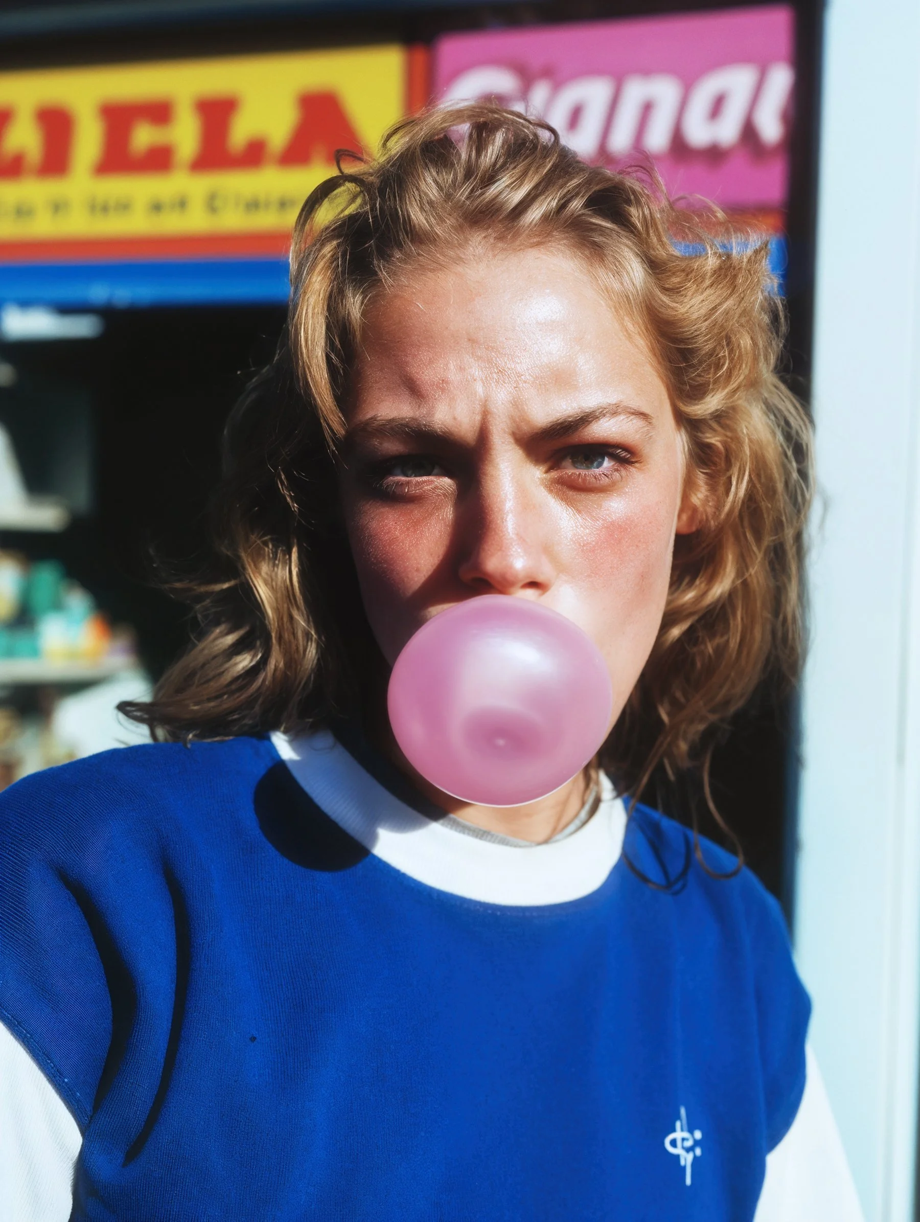 A woman with curly blonde hair blowing a bubble with pink chewing gum, wearing a blue and white shirt, standing outdoors in bright sunlight.
