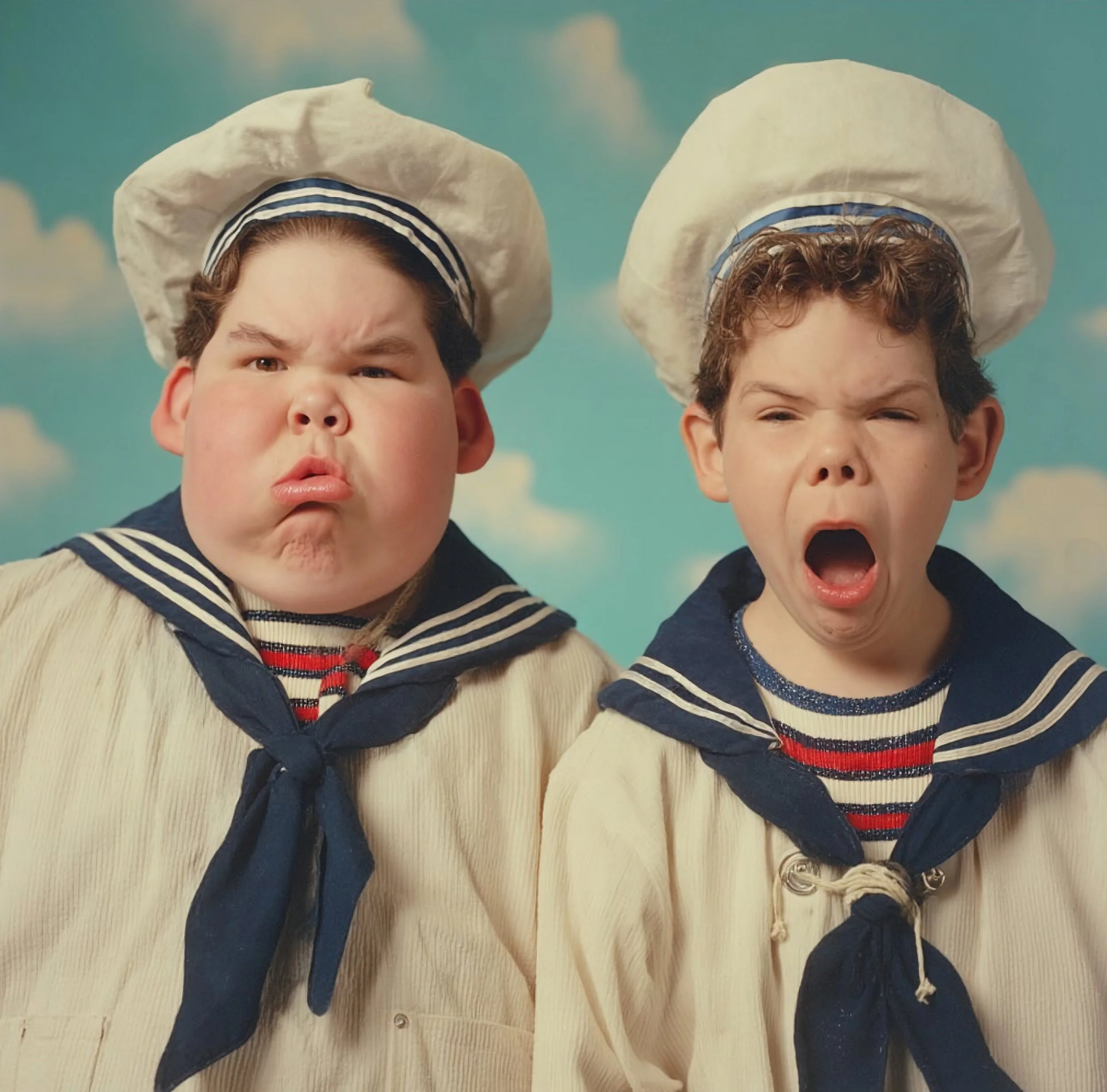 Two children dressed as sailors with chef hats, making funny facial expressions against a blue sky background with clouds.