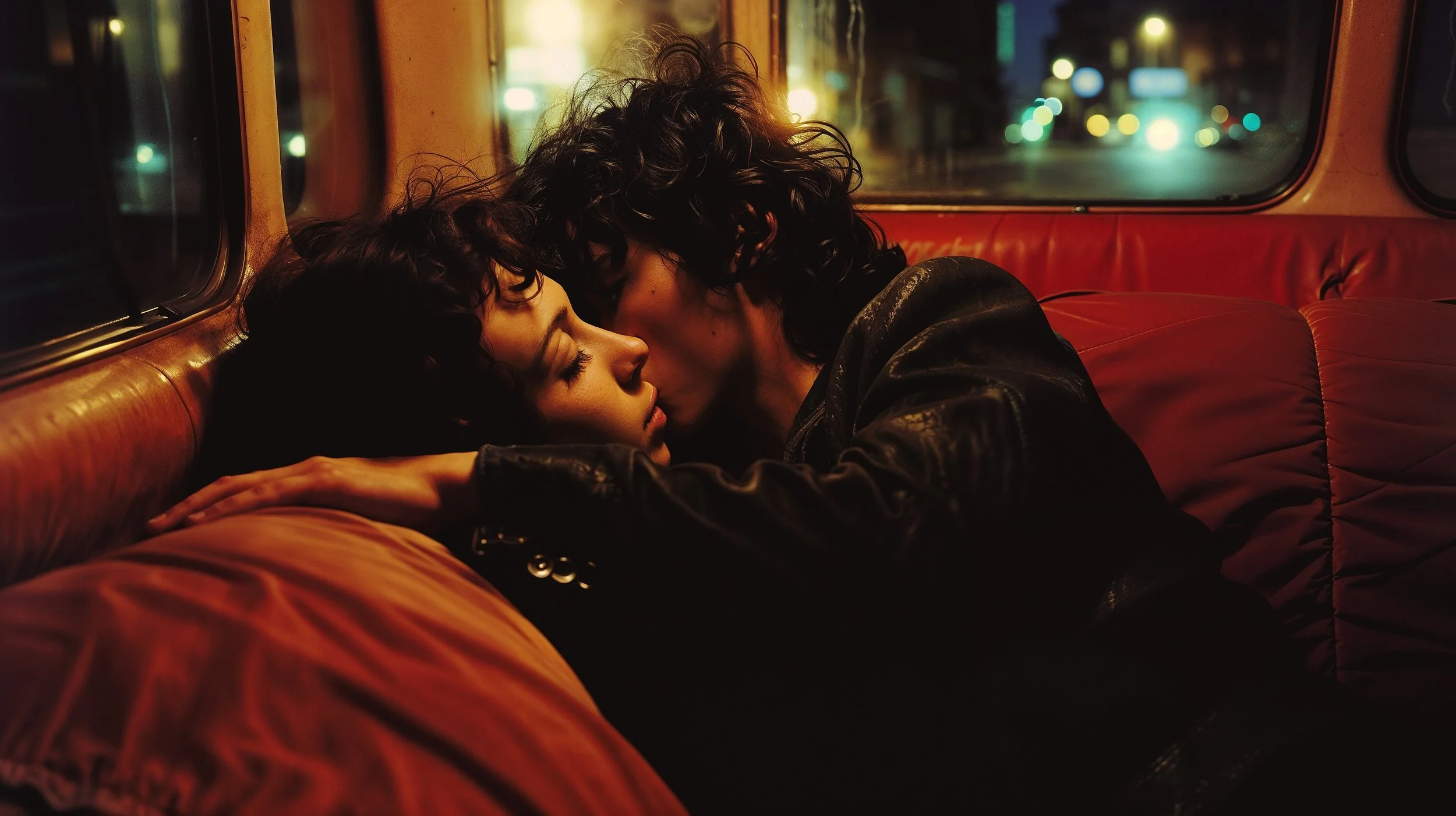 A man and woman with curly hair sharing an intimate moment on a retro bus at night, sitting on red leather seats with city lights visible through the windows.
