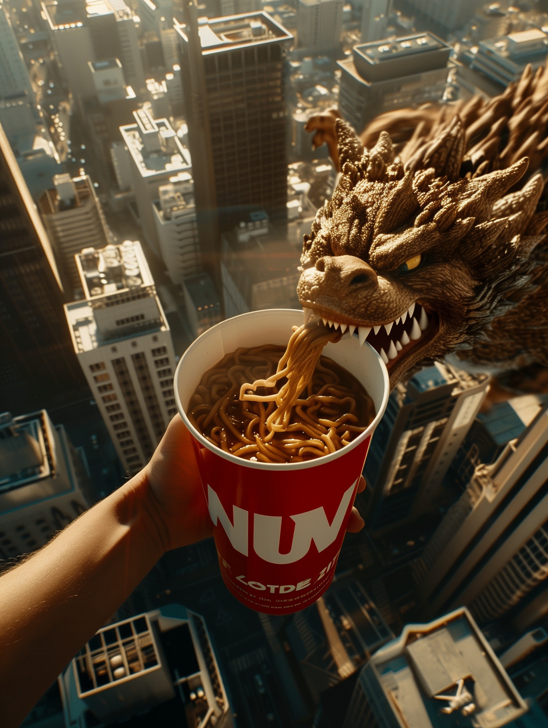 A dragon eating instant noodles from a red cup in a cityscape at sunset.