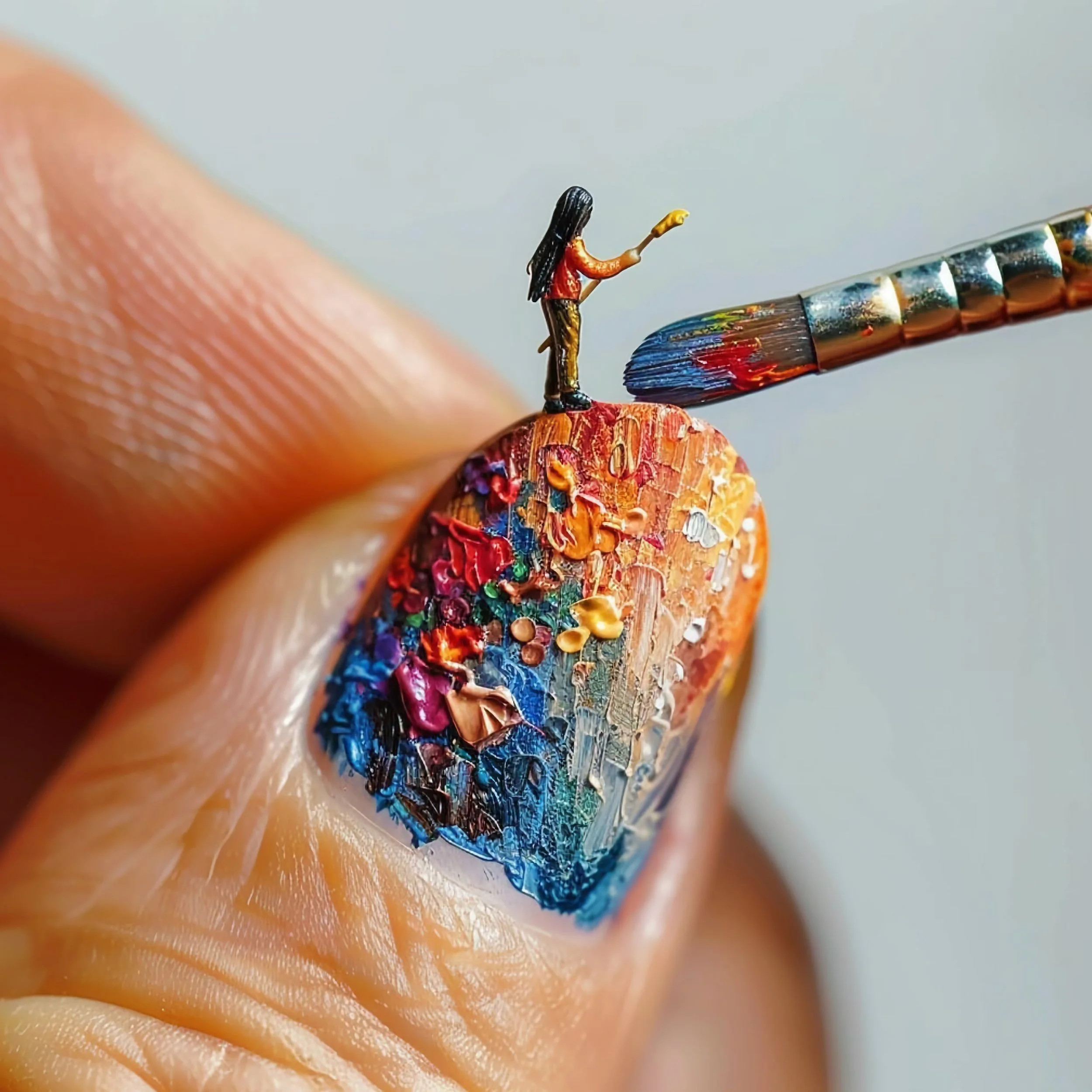 A tiny figurine of a woman holding a paintbrush is standing on the tip of a painted fingernail. The fingernail has a colorful, textured paint design.