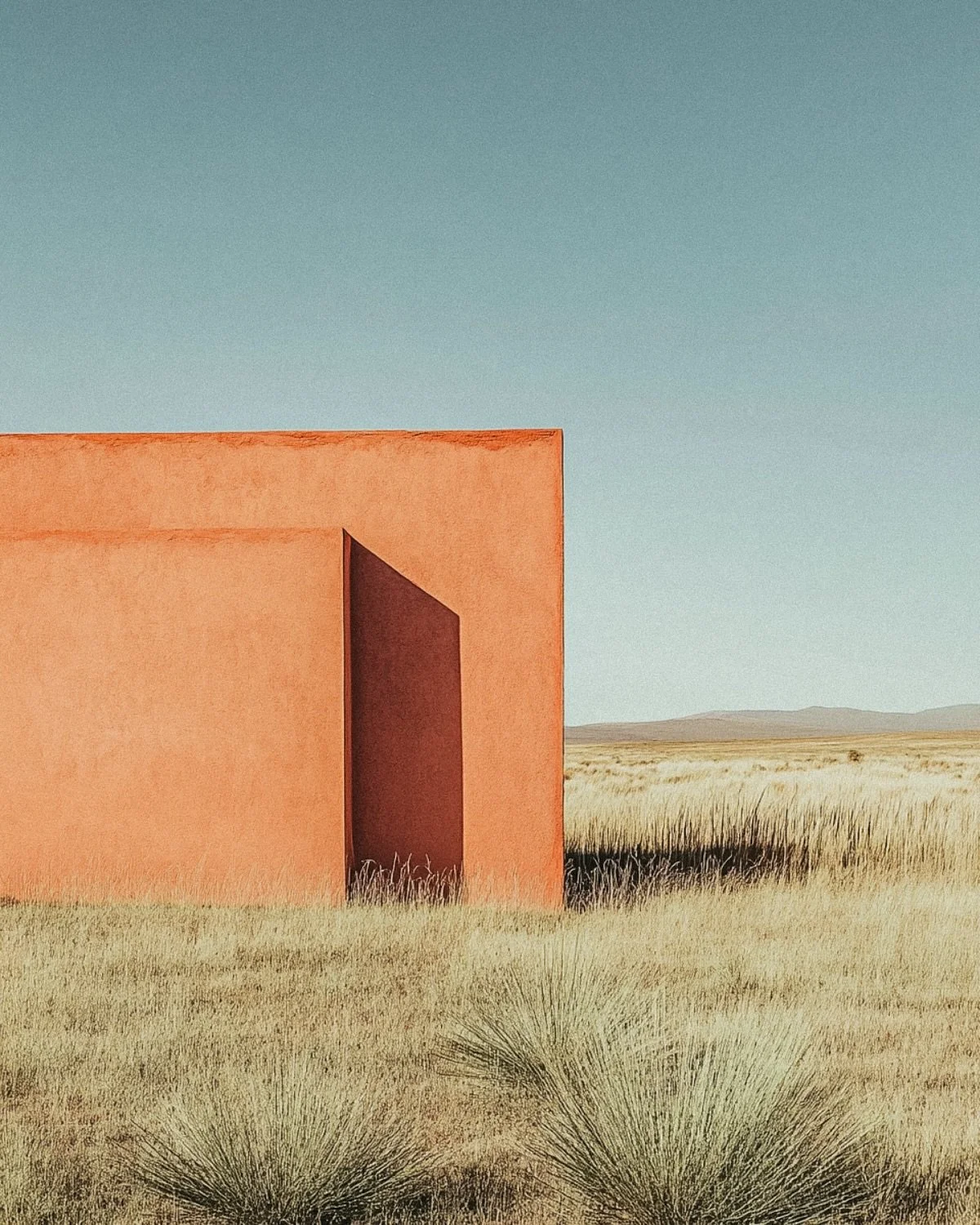 A modern, minimalist orange building with a shadowed entrance in an open, dry grassland under a clear blue sky.