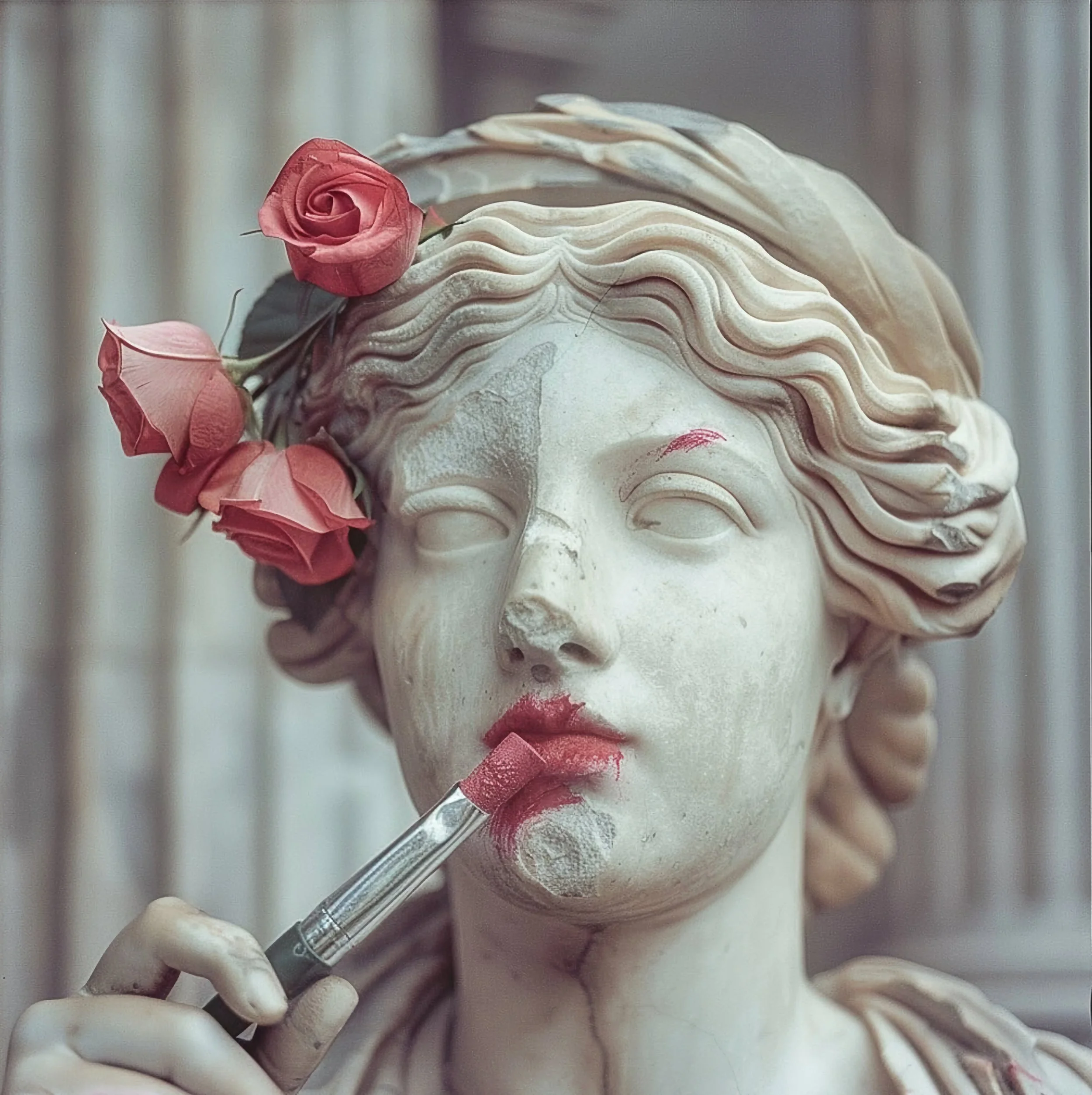 A classical marble bust of a woman with wavy hair, adorned with pink roses and leaves, is being painted with lipstick and eye makeup by a person whose hand is visible holding a makeup brush.