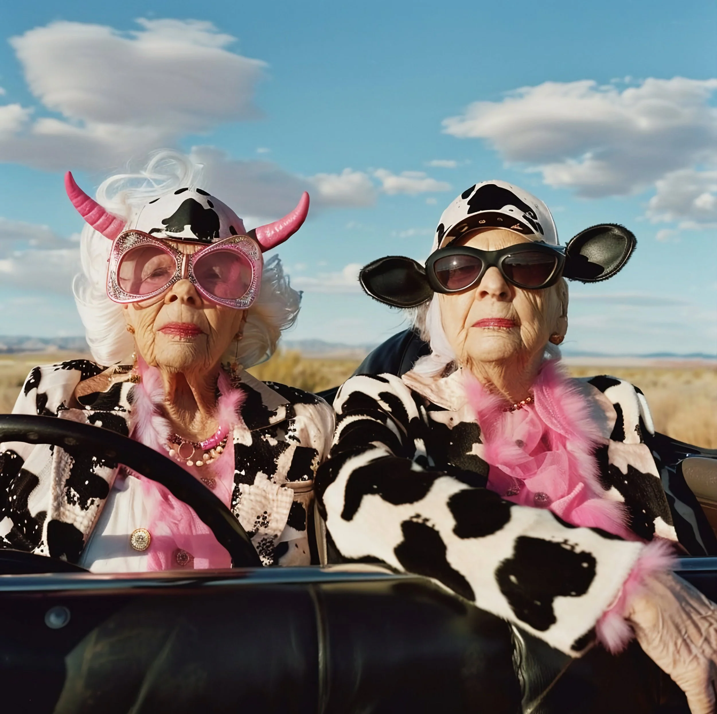 Two elderly women dressed in cow-print clothing and accessories, wearing pink and black feather boas and sunglasses, are riding in a convertible car in a rural landscape with blue sky and clouds.