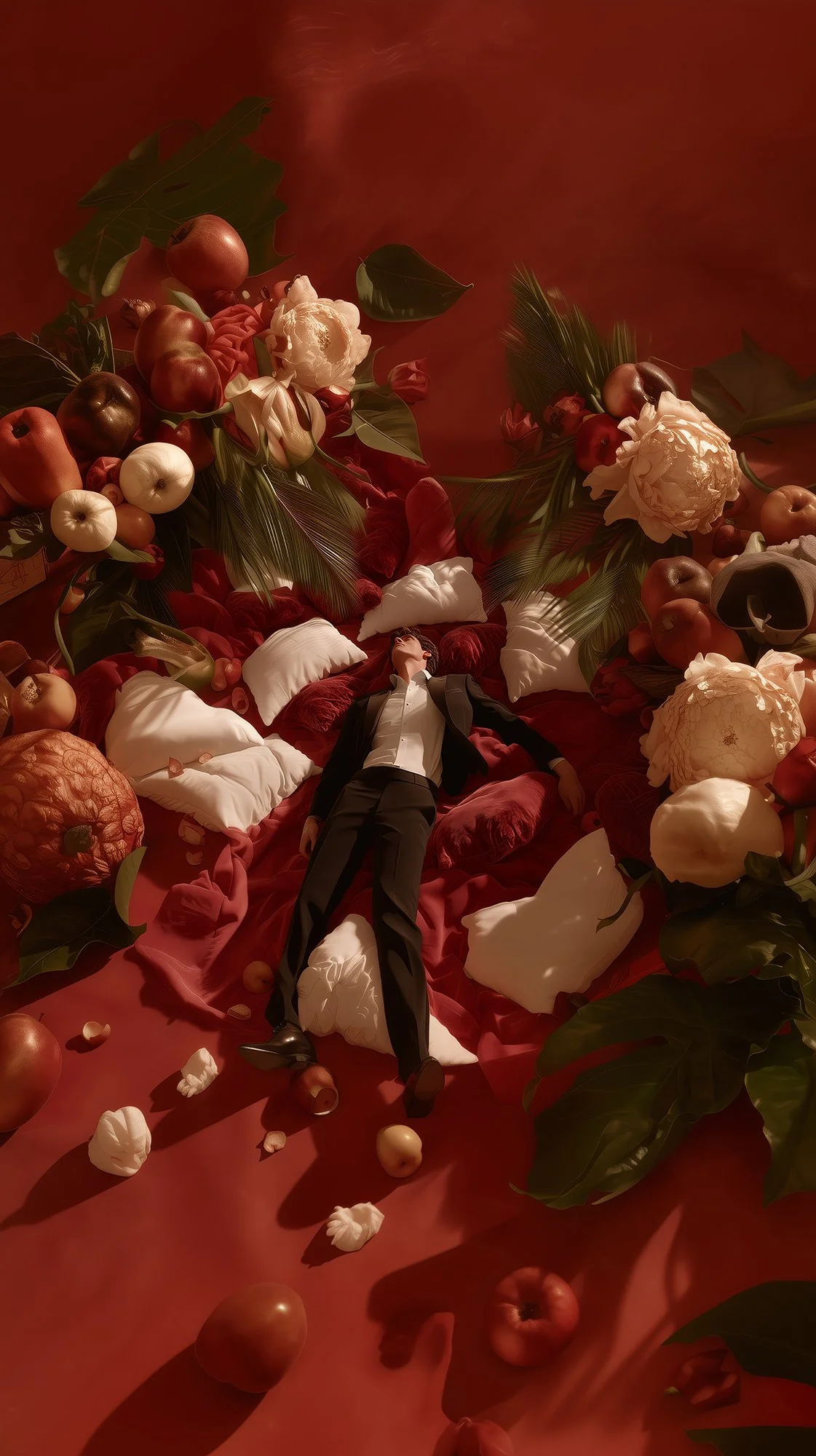 A person lying on a red surface surrounded by various fruits, flowers, and large green leaves, with pillows and scattered fruit pieces around.