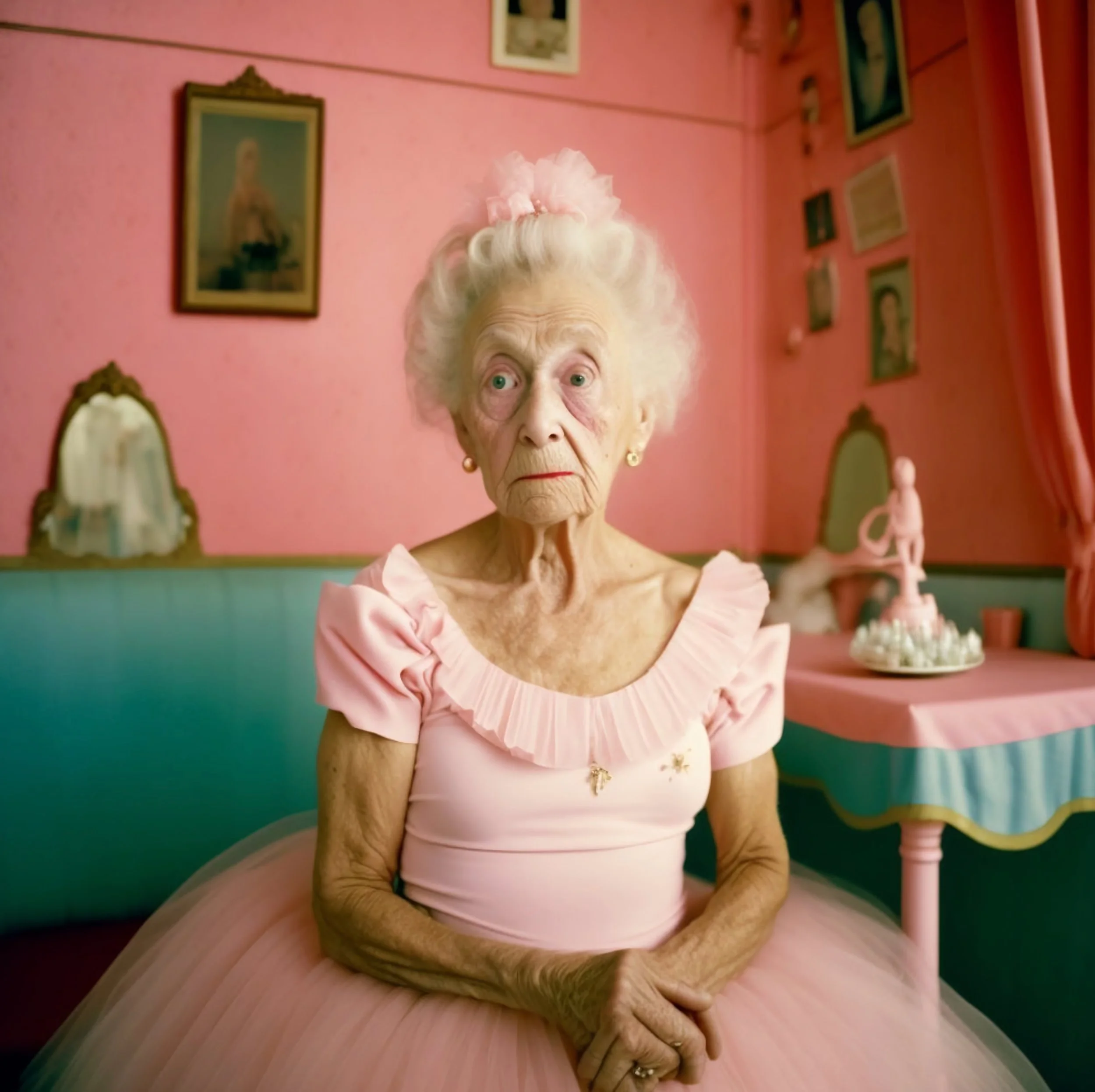An elderly woman with white hair, dressed in a pink dress with puffed sleeves and a tulle skirt, sitting in a pink and teal decorated room, with framed pictures on the wall and a pink table with a figurine in the background.