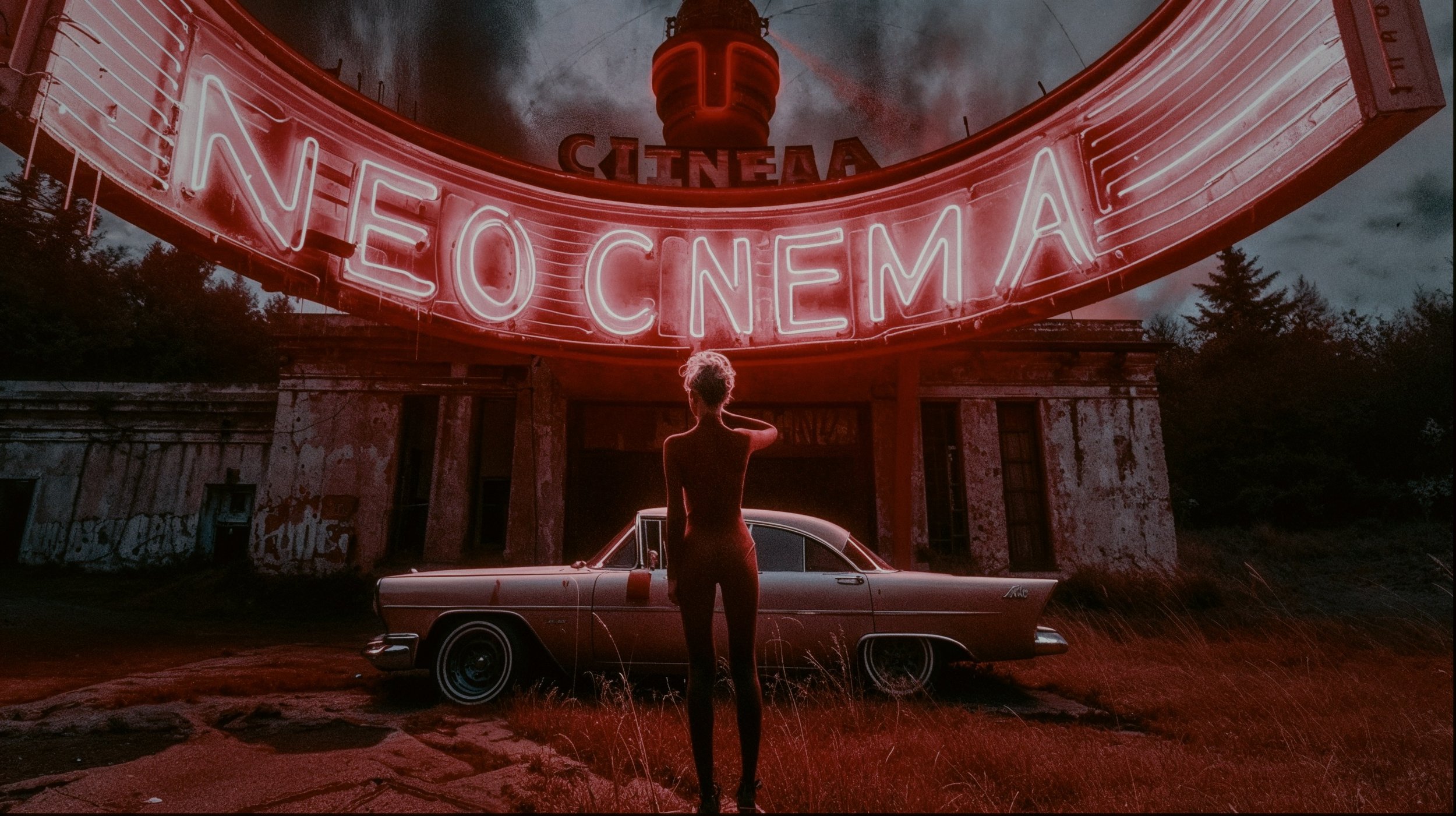 A woman standing in front of a vintage car beneath a glowing neon sign that reads 'Neo Cinema'. The scene has an eerie, deserted atmosphere with an old, abandoned building and dark sky in the background.