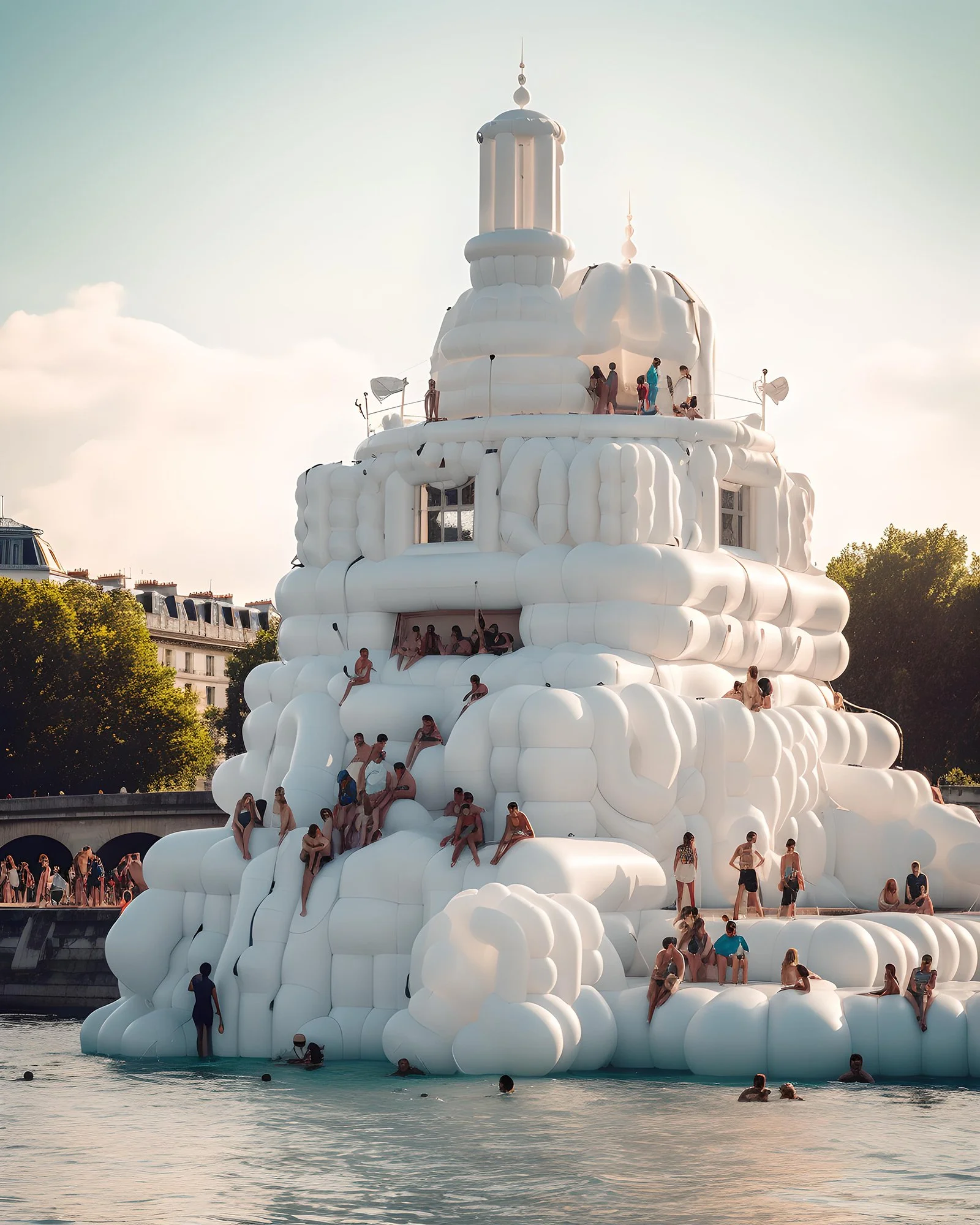 Large inflatable sculpture resembling a layered, cloud-like ice cream cone with people sitting and relaxing on it during the daytime, on a body of water with trees and buildings in the background.