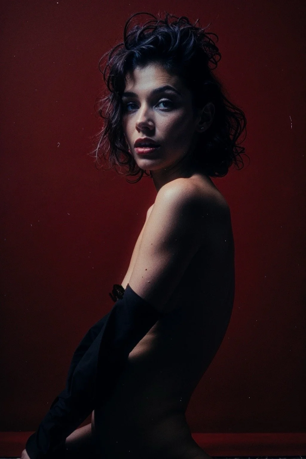 A woman with curly dark hair posing against a red background, wearing black arm sleeves and looking at the camera.