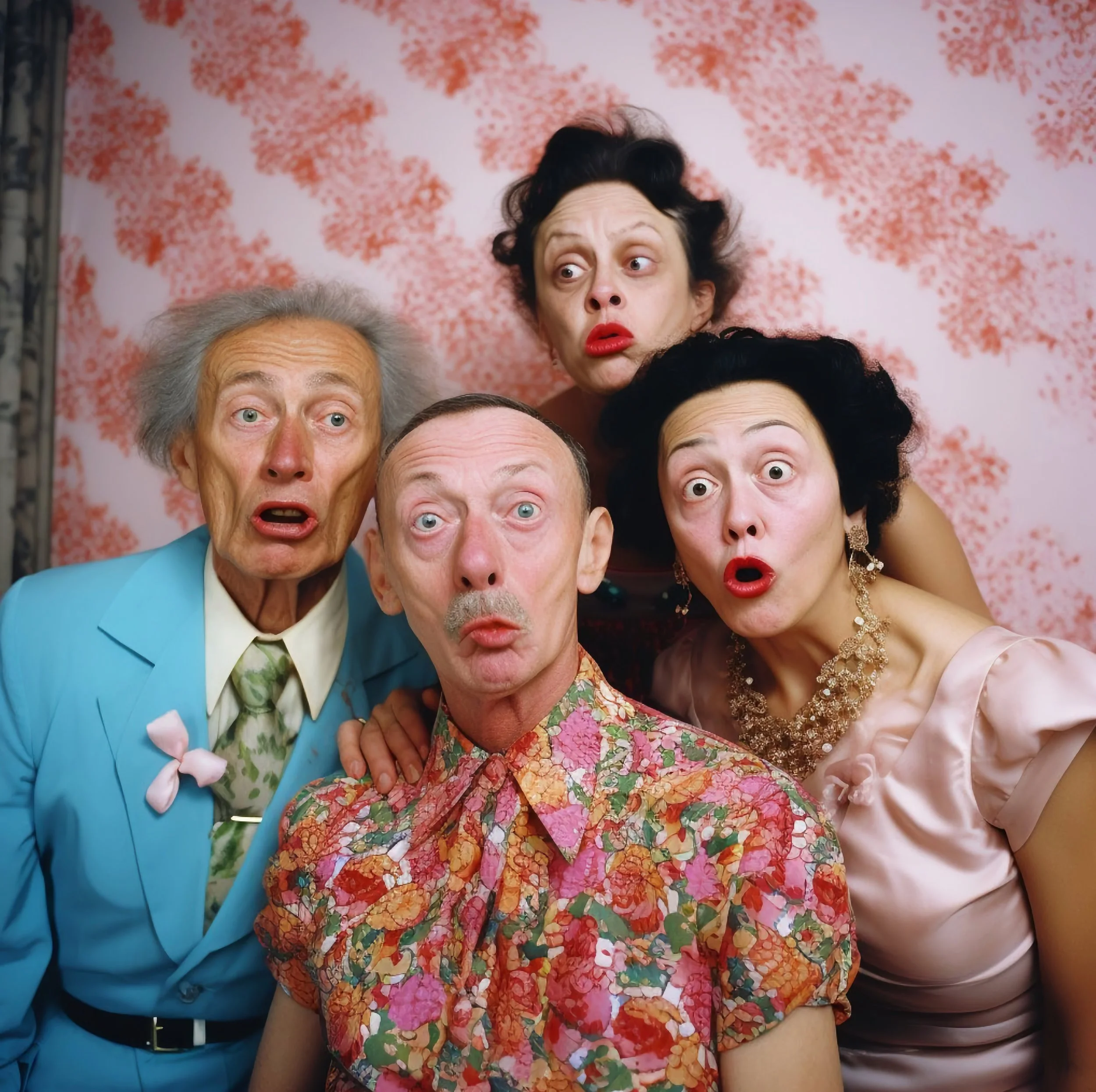 Four older adults with surprised expressions, standing close together in front of a patterned pink and red background.
