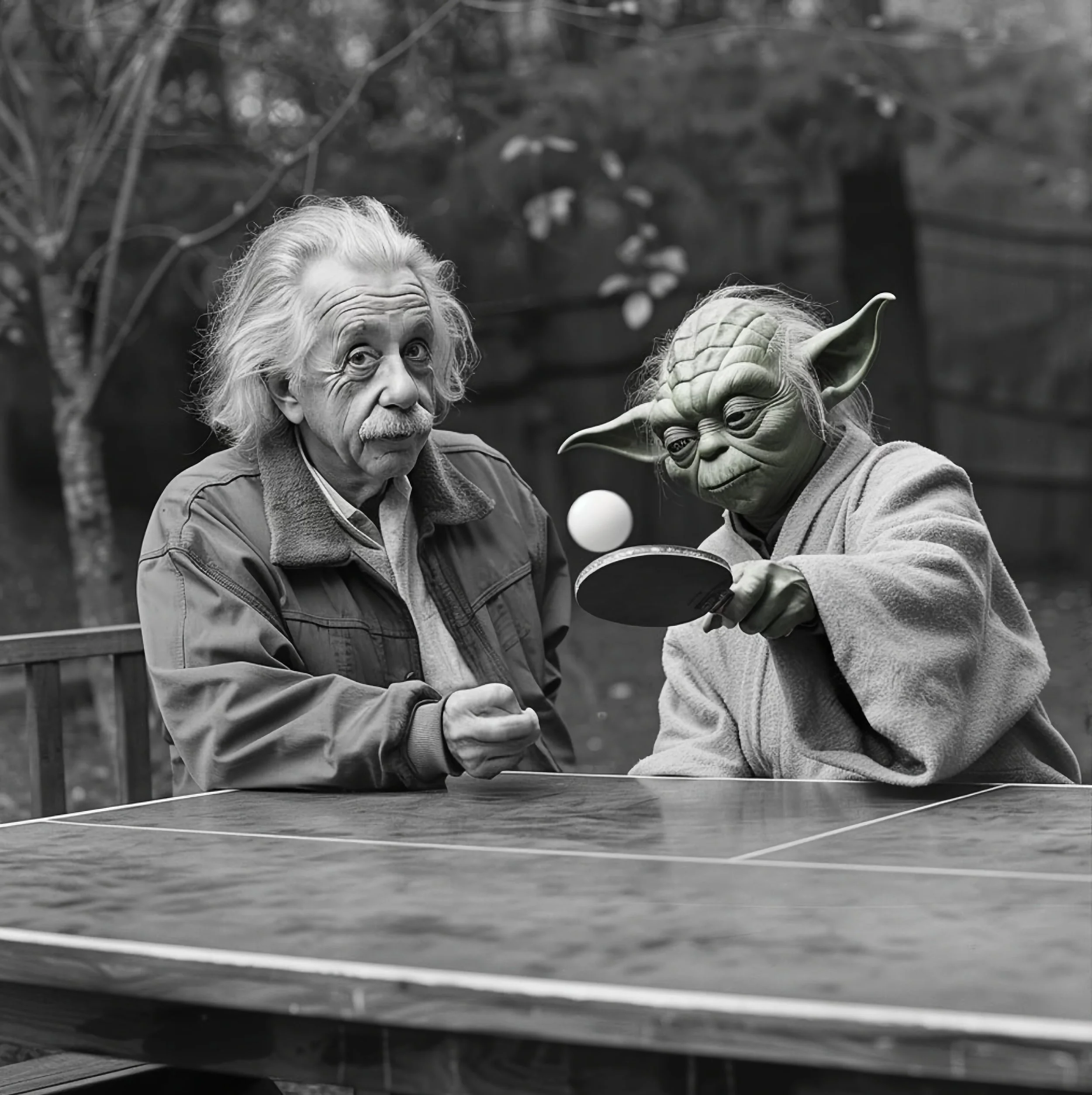 A person dressed as Yoda from Star Wars, wearing a costume with large ears and green face mask, is playing ping pong with a man who has wild hair and is wearing a jacket. They are outdoors in a garden or backyard with trees in the background.