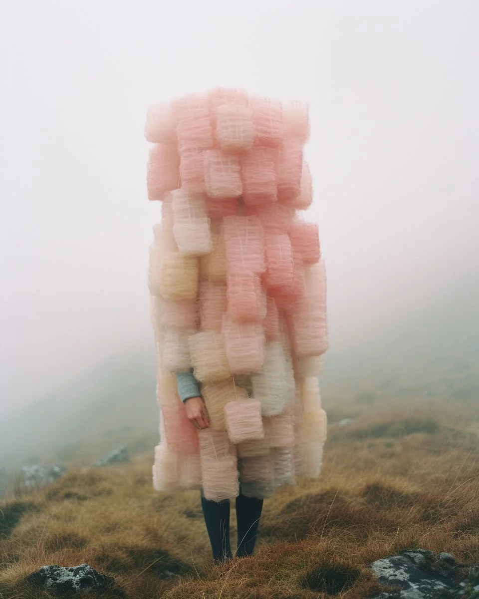 A person standing outdoors in a foggy landscape, wearing an elaborate costume made of large, pastel-colored, cushion-like rolled fabrics.