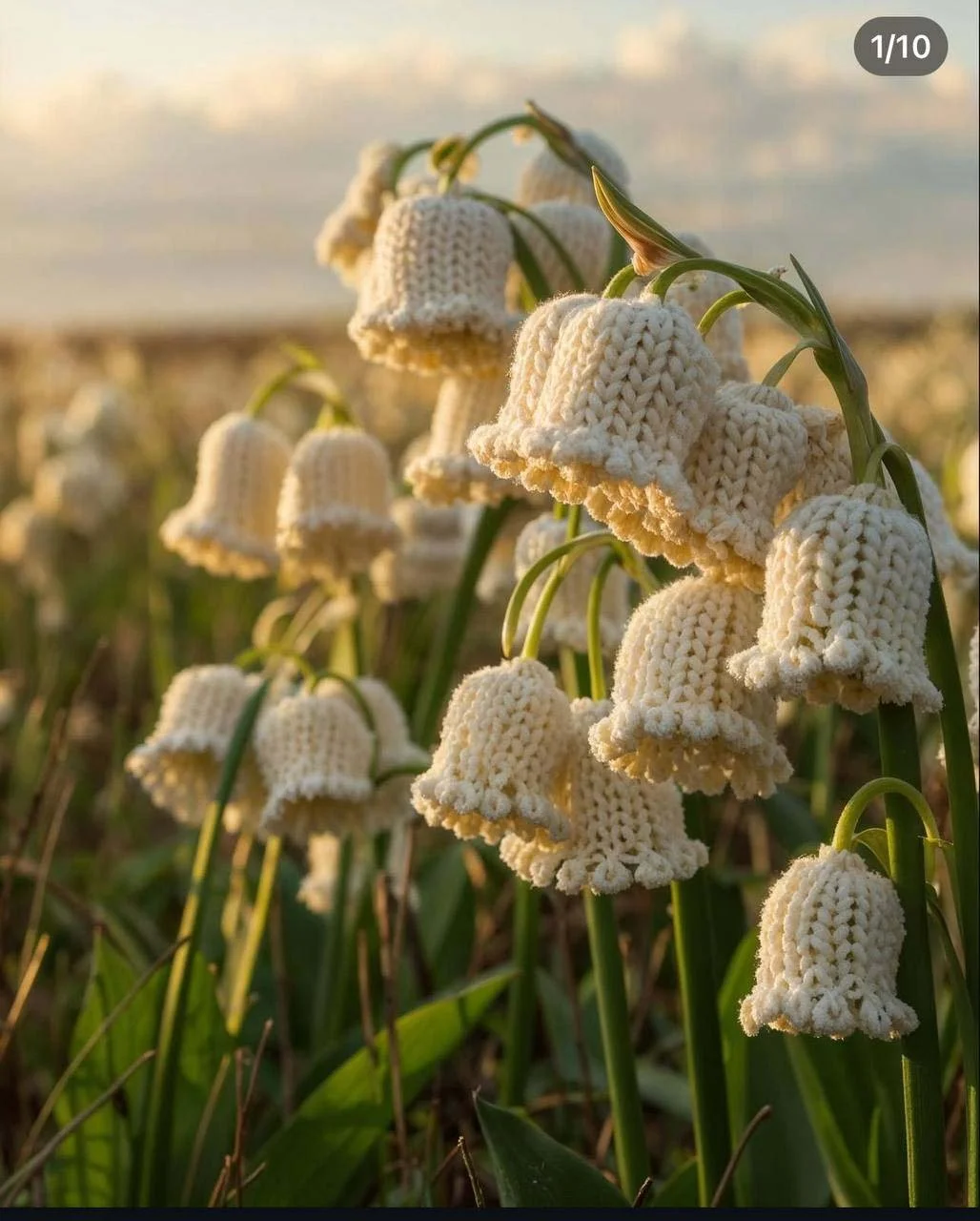 A field of white knit beaded flowers resembling bell-shaped blooms, set against a sunset sky.