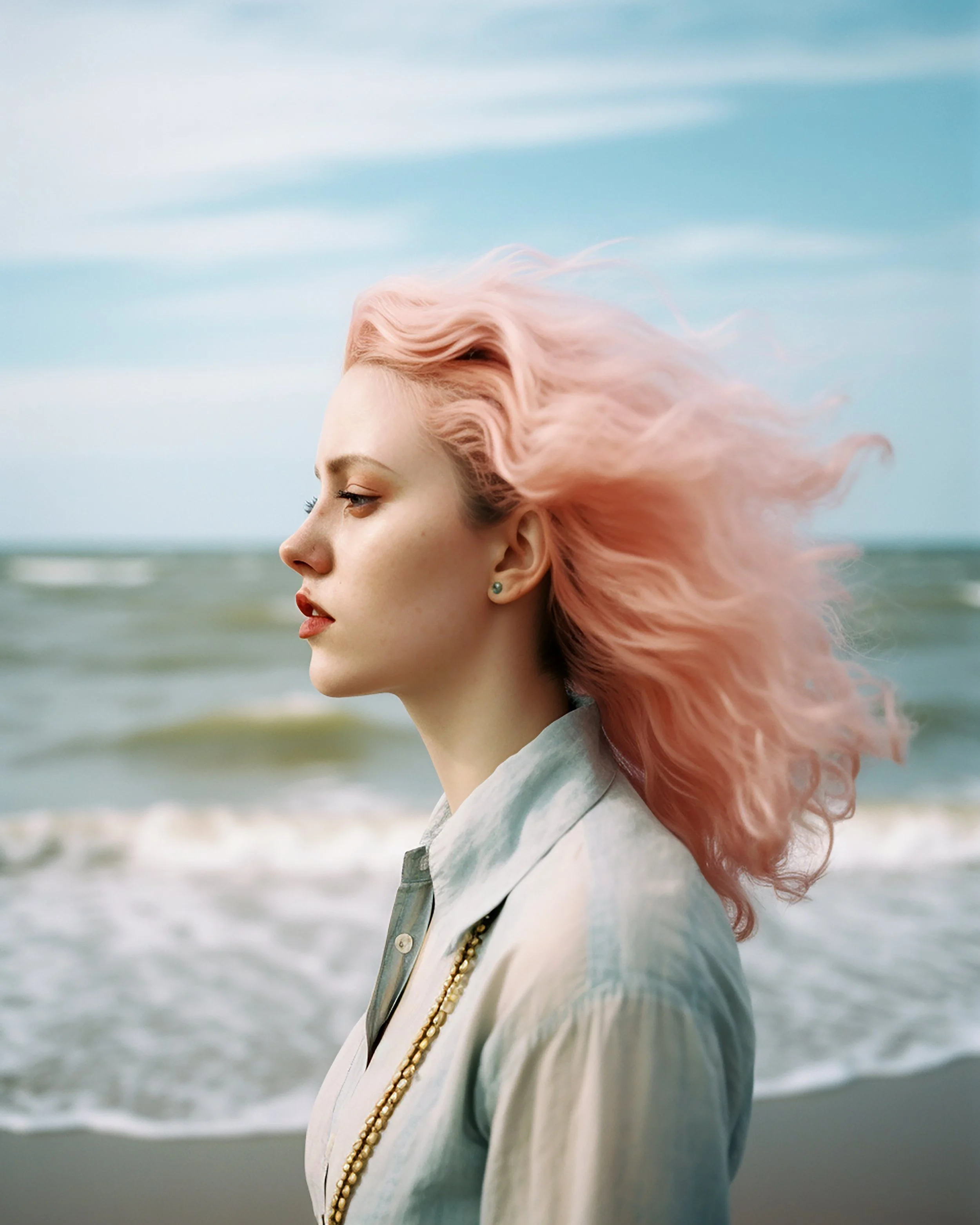 A woman with pink hair standing on the beach, facing left with ocean waves in the background.
