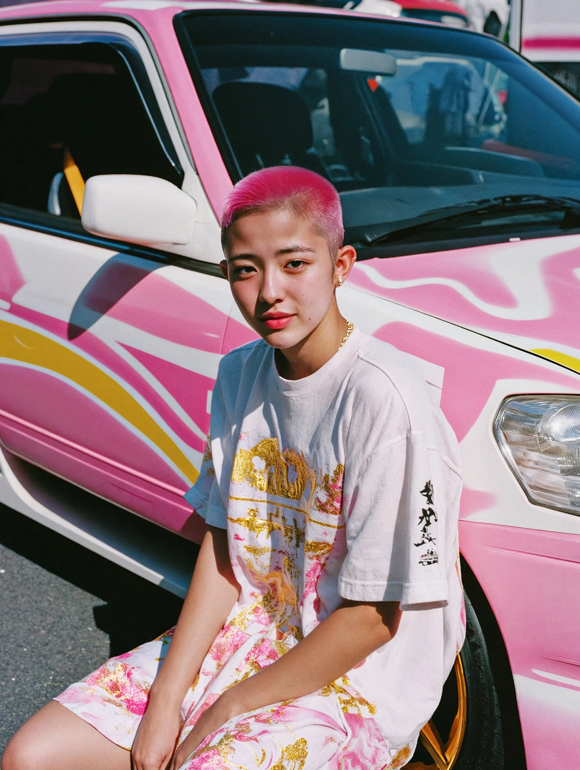 Young woman with pink hair sitting in front of a pink and white painted car.
