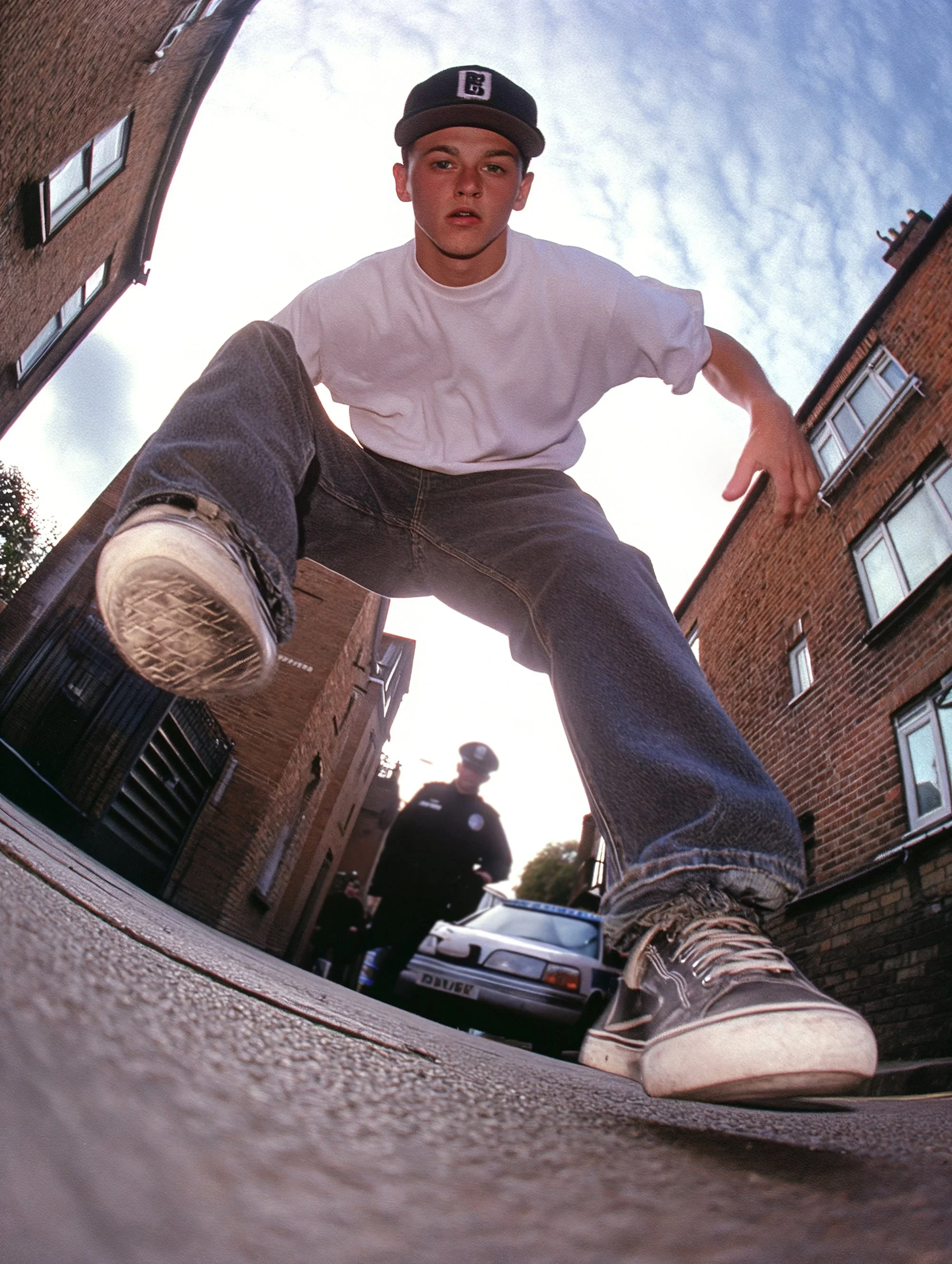 Young man in white t-shirt and jeans viewed from low angle, crouching on urban street, with police officer and car in background.