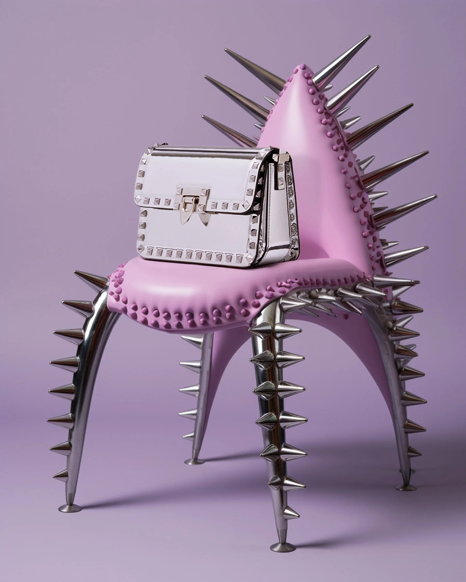 A modern chair with pink padded seat and backrest decorated with small round details. The chair's frame and four spiked legs are made of shiny metal, resembling sharp spikes.