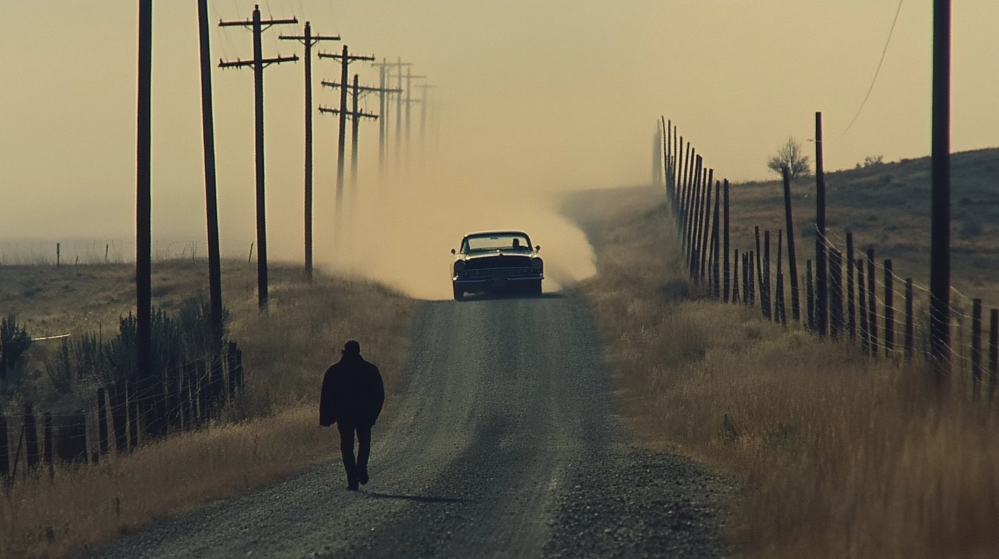 A solitary person walking down a rural dirt road lined with weathered electric poles and fence posts, with a vintage black car kicking up dust in the distance amid a dusty environment.