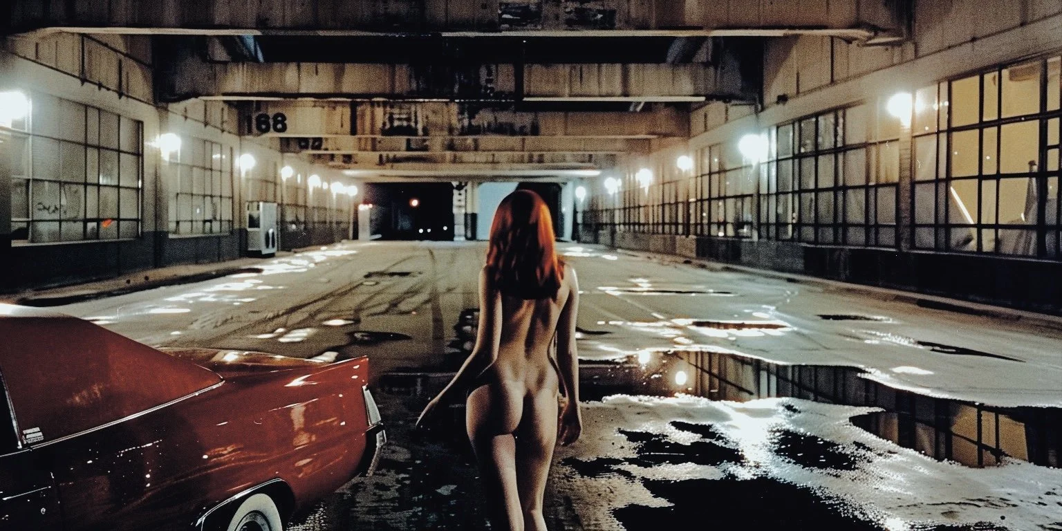 A nude woman with red hair walking away in an industrial-looking tunnel at night, illuminated by wall-mounted lights, with a puddle reflecting the surroundings and a red car partially visible on the left.