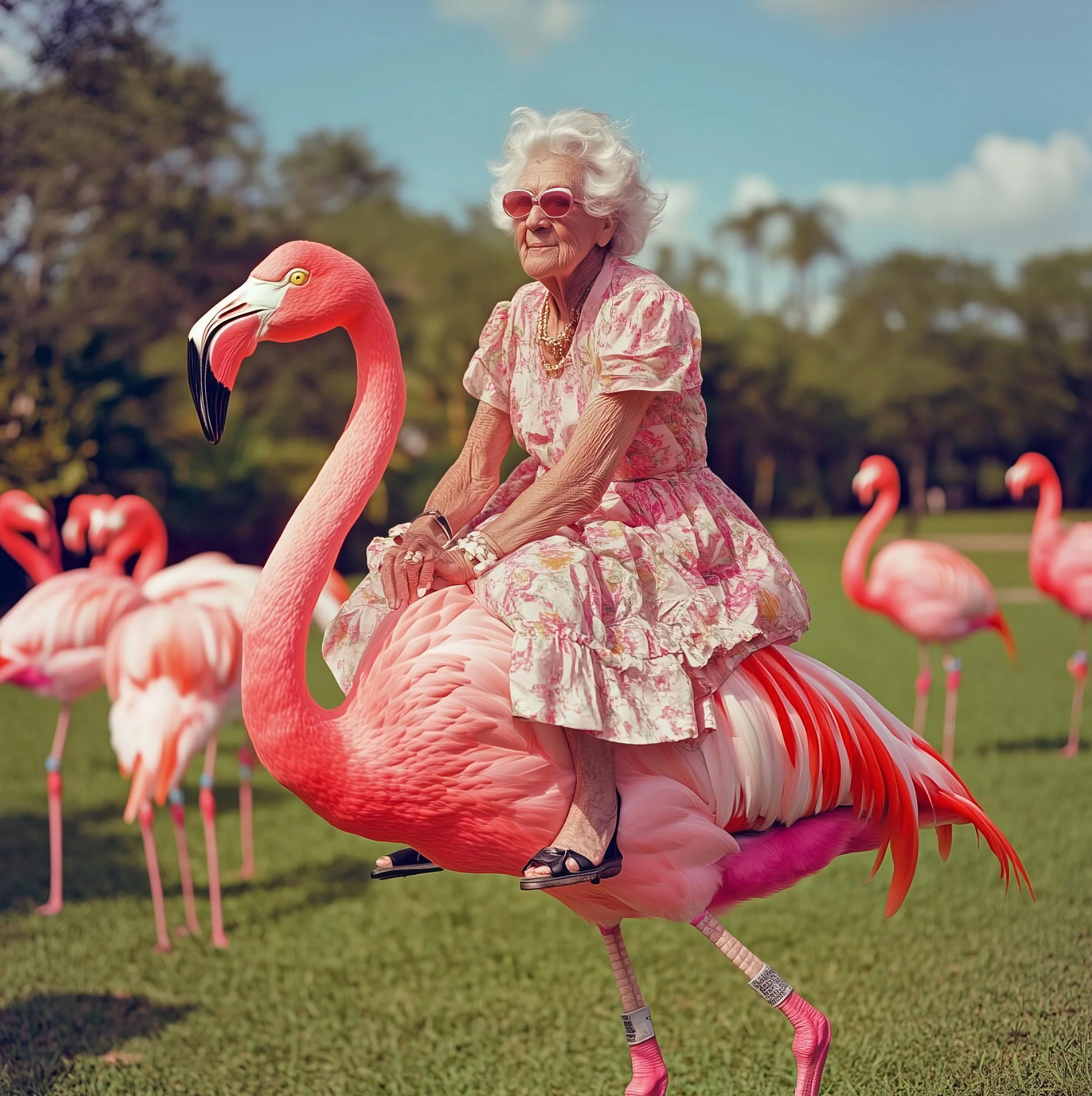 An elderly woman in a floral pink dress and pink sunglasses riding a giant pink flamingo in a park with several other flamingos in the background.