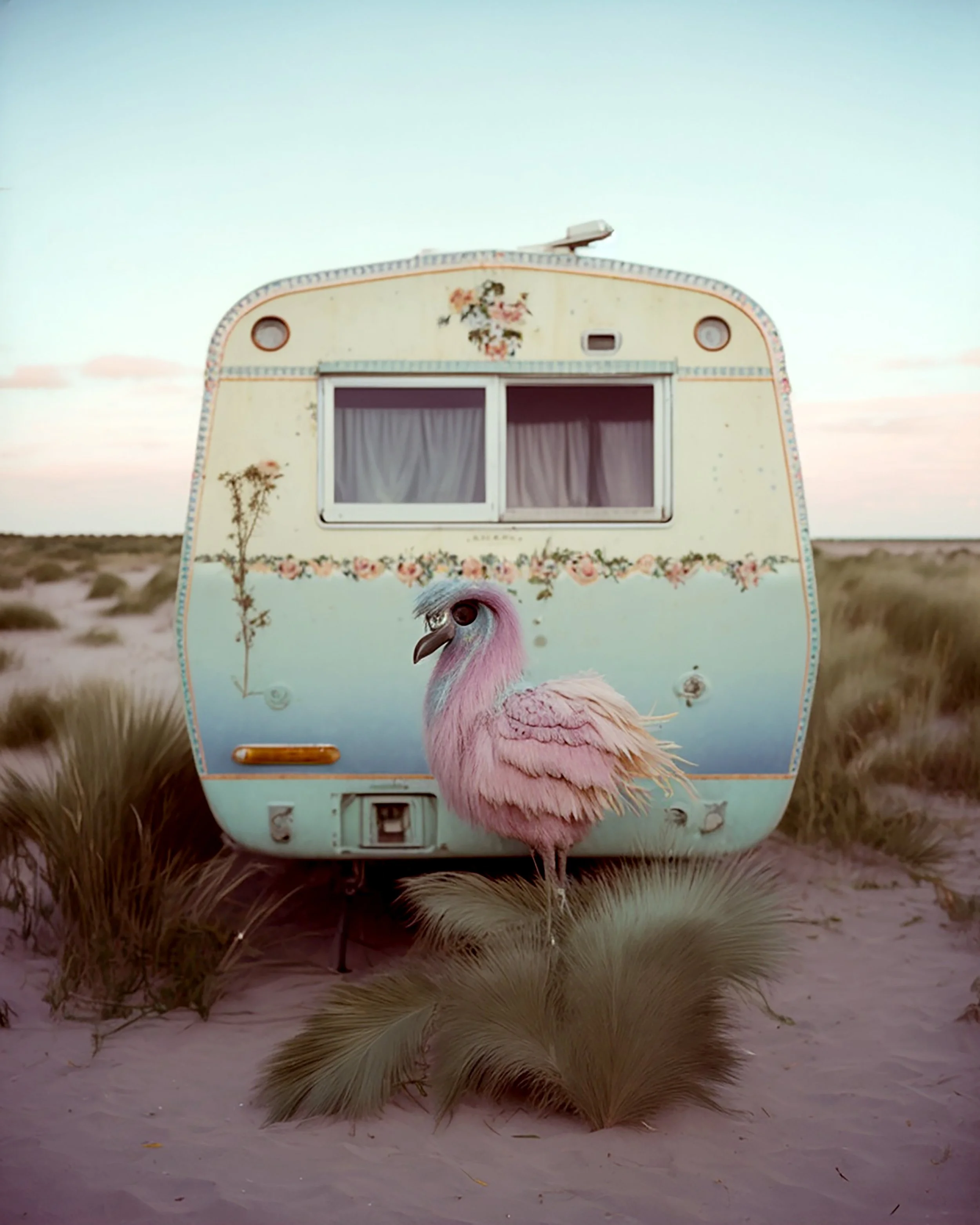 A vintage caravan decorated with floral and eagle designs, sitting in a sandy, grassy desert landscape at sunset, with a pink flamingo standing in front of it.