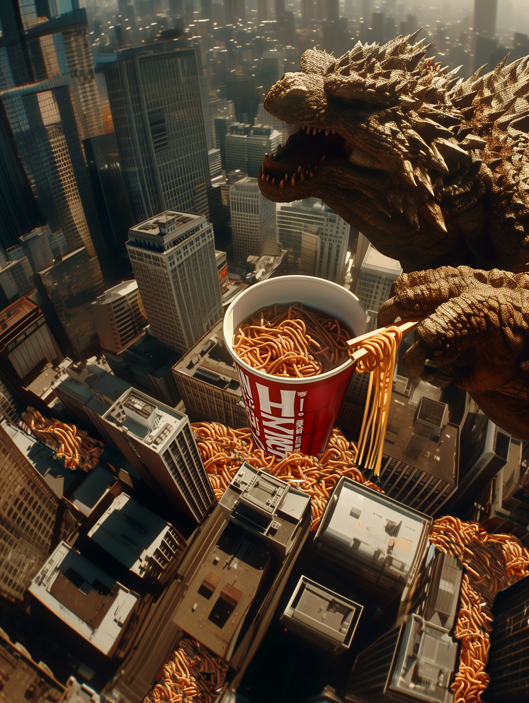 Giant Godzilla creature eating an overflowing cup of ramen noodles amidst a cityscape with skyscrapers.