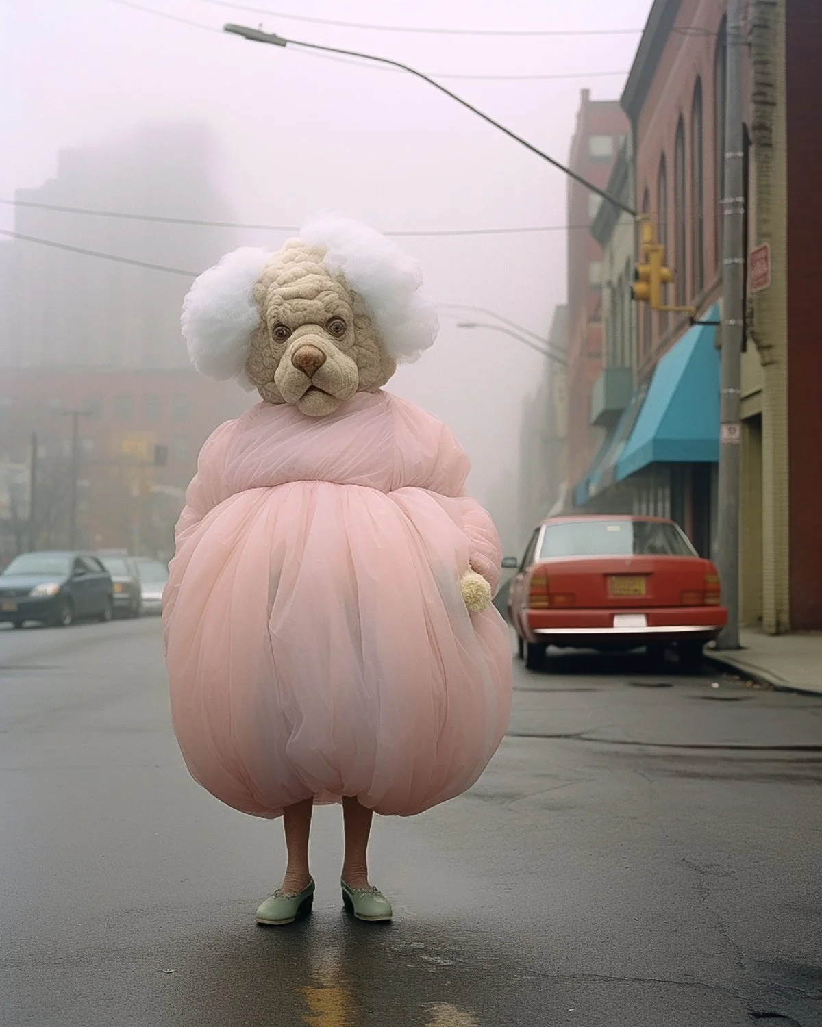 A person dressed in an elaborate costume with a lion mask, fluffy white hair, pink dress, and green shoes, standing in the middle of a foggy city street.