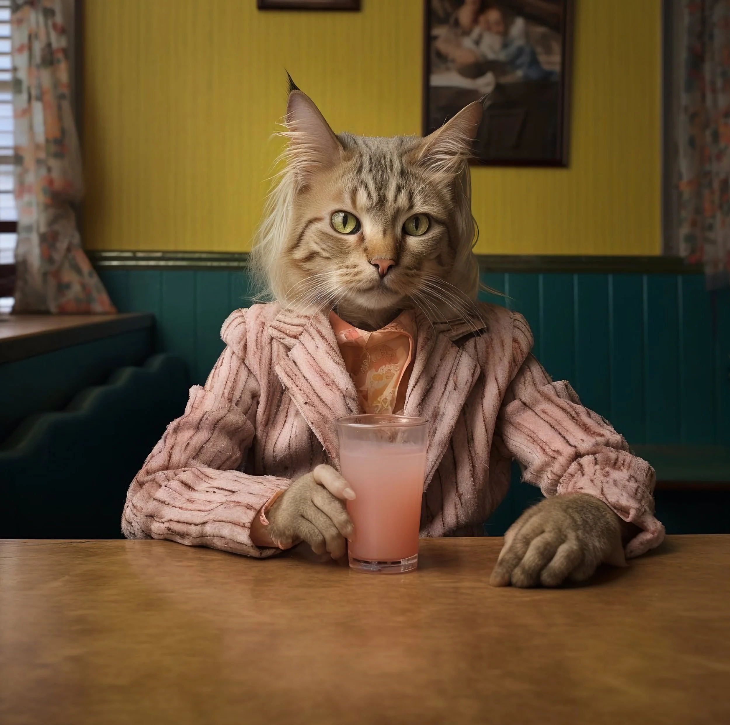A humanoid cat with a cat face, wearing a pink striped blazer, sitting at a table with a glass of pink drink in front of it in a retro-style restaurant or cafe.