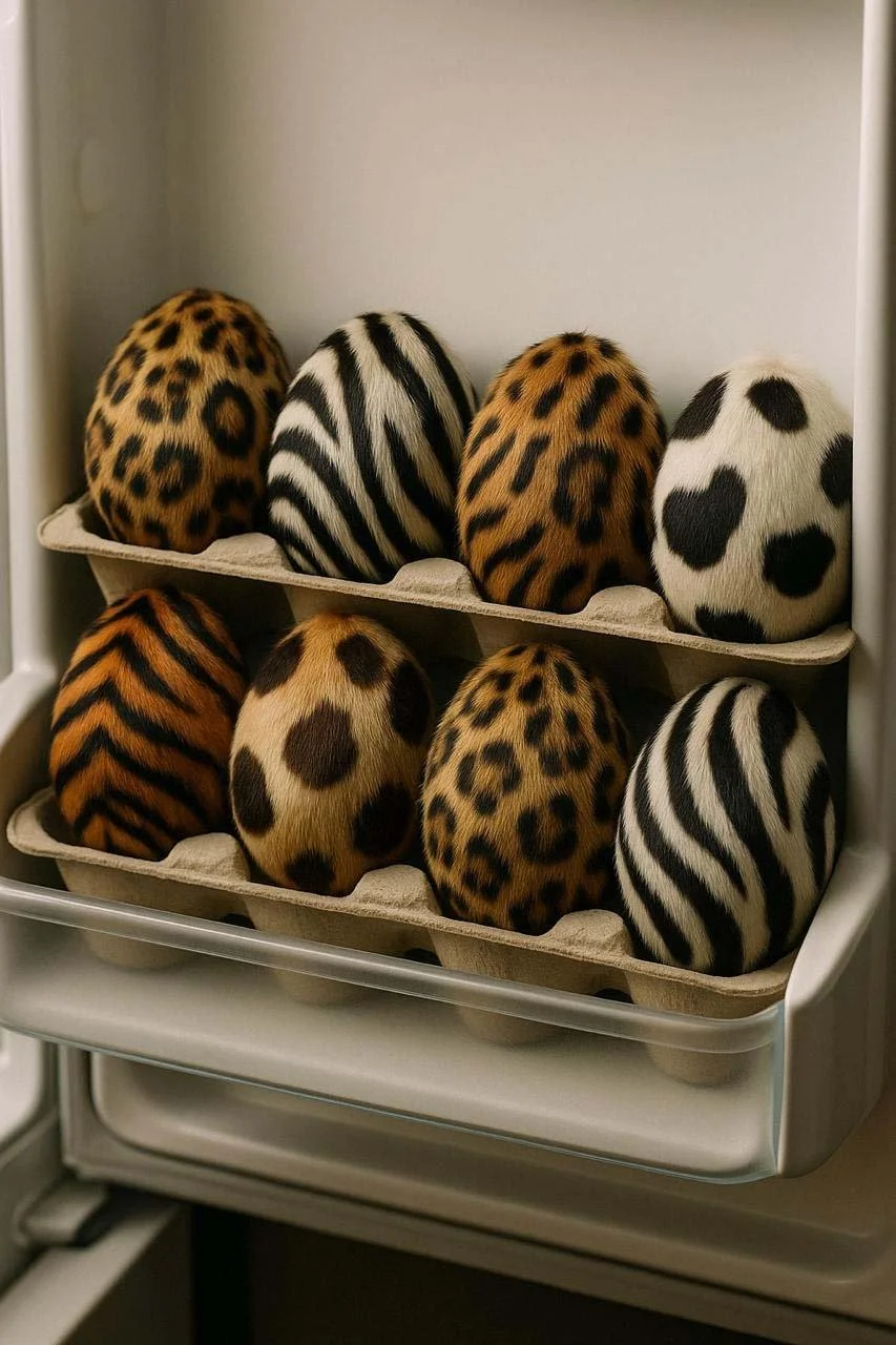 Ten decorated eggs with animal print patterns arranged in a cardboard egg carton inside a refrigerator.