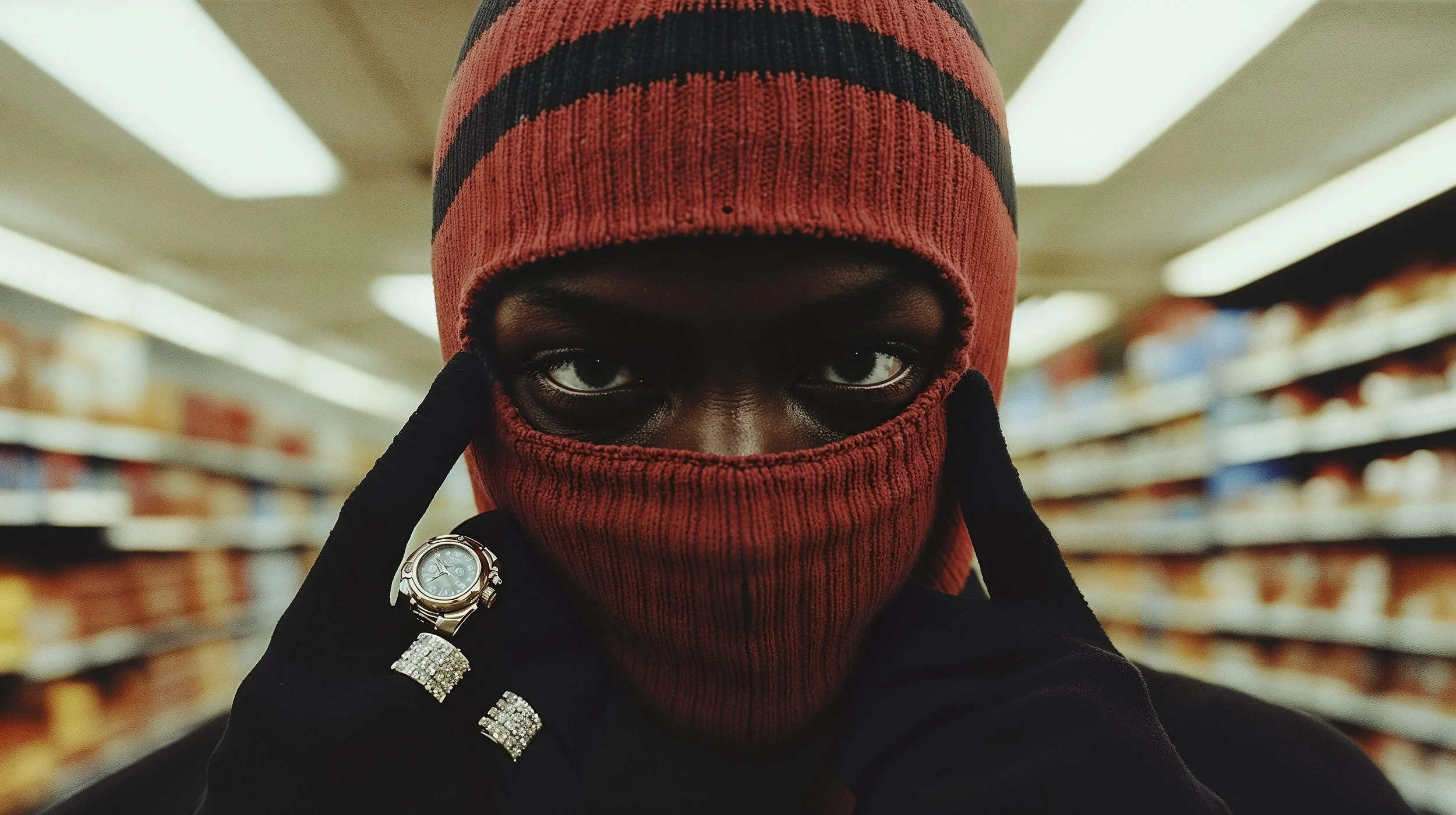 A person wearing a red and black striped knit hat and face covering, with intense eyes, pointing fingers at their temples, in a grocery store aisle.