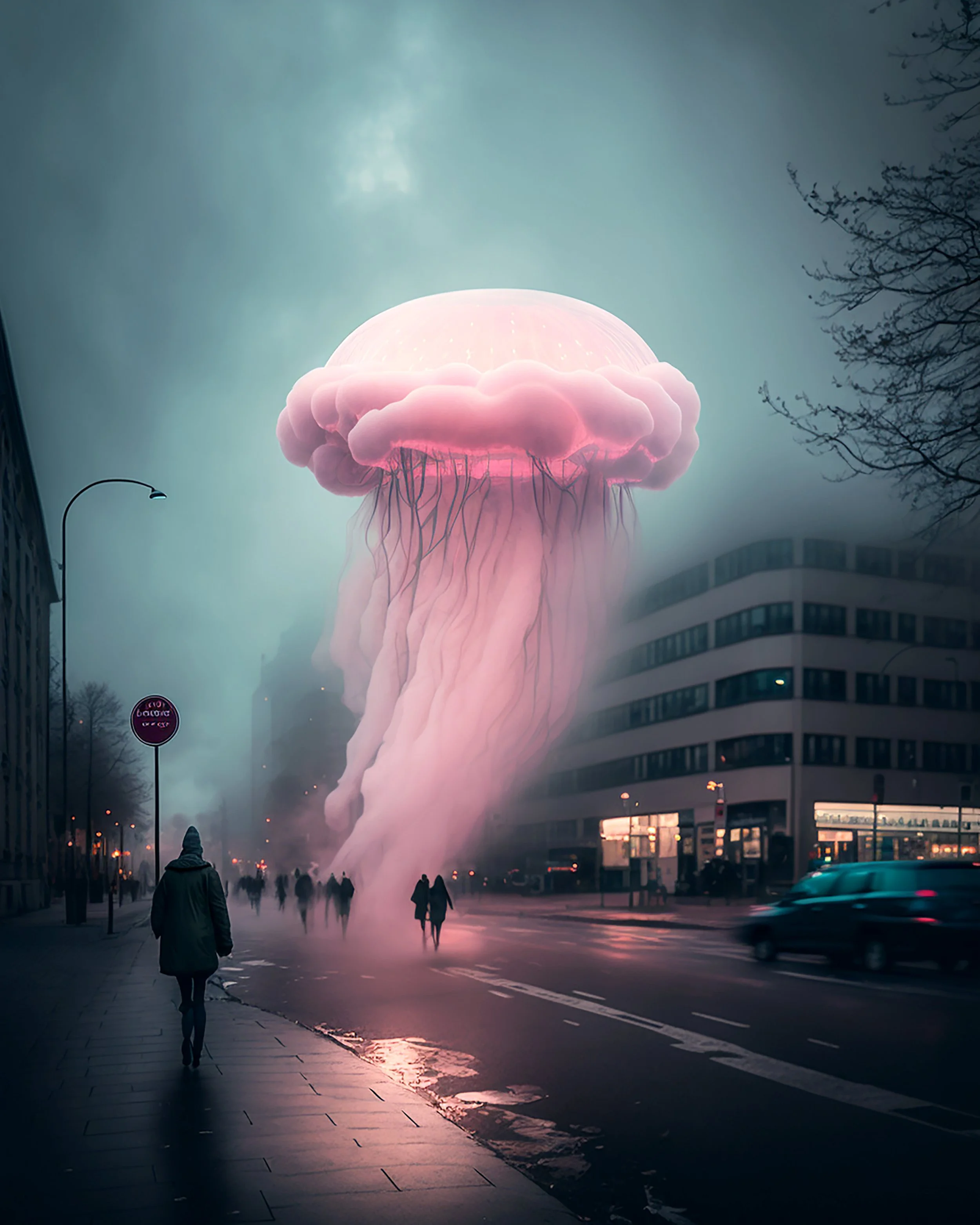 A giant, glowing jellyfish floating above a city street at dusk, with people walking along the sidewalk and cars on the road.