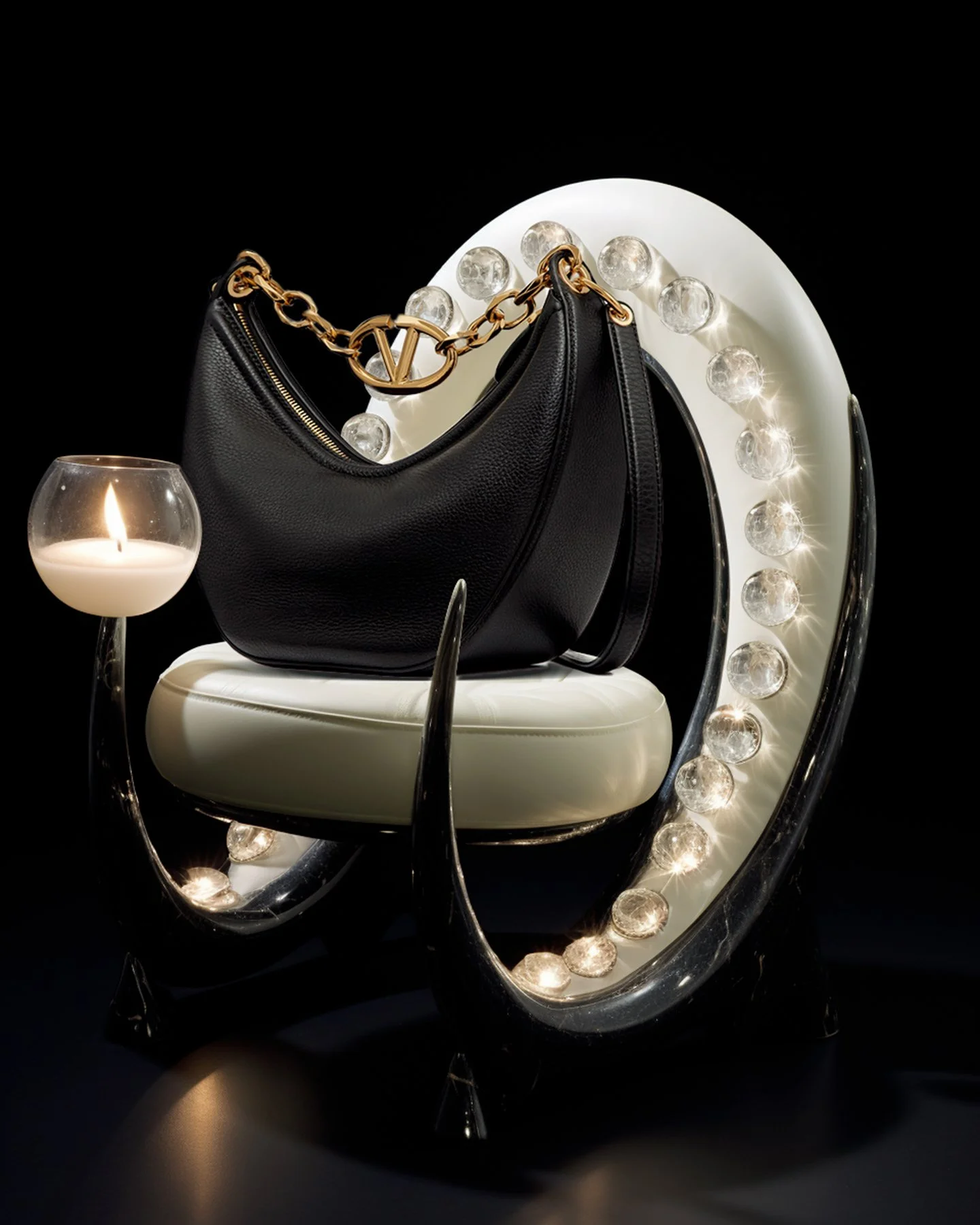 A black designer handbag with gold chain and logo, resting on a cream-colored chair with rounded edges, surrounded by a ring of light bulbs and a lit candle in a glass holder.