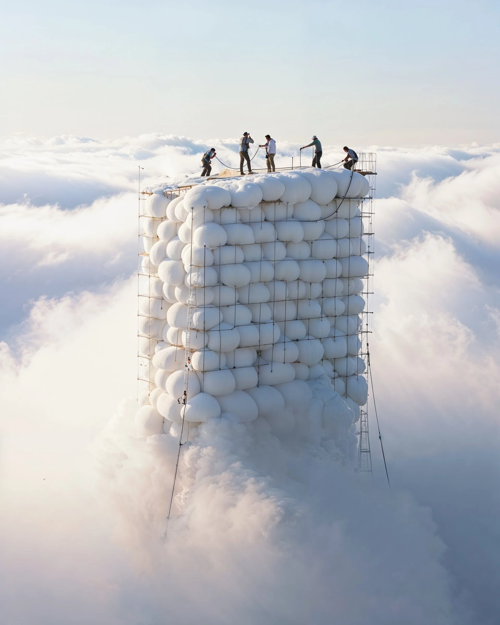 A large structure made of white buoy-like objects stacked and supported by a metal framework, surrounded by clouds and sky. Five people are on top, secured with harnesses, working on the structure.