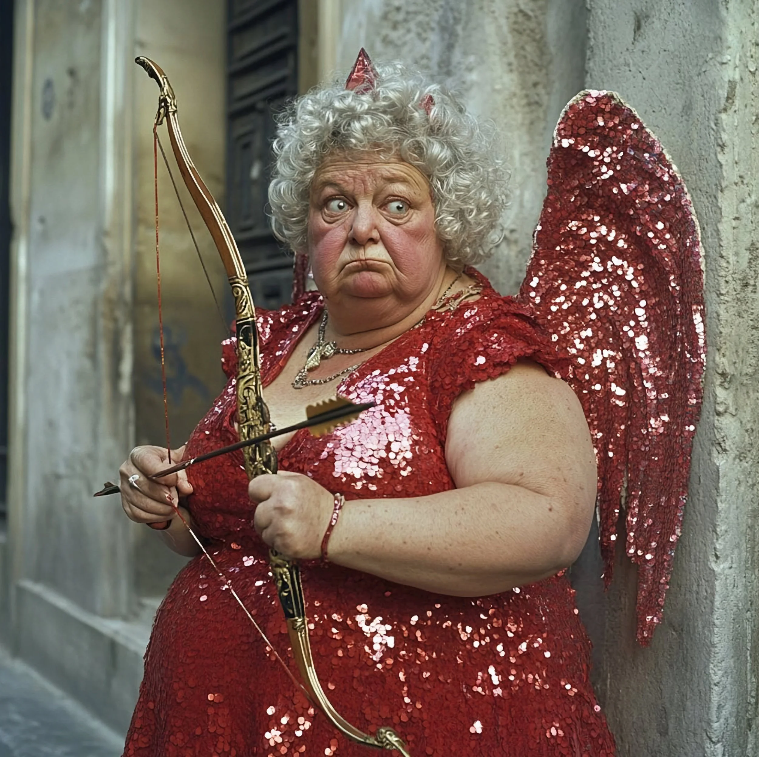 A person dressed as a cute, chubby angel with curly gray hair, pink devil horns, and red sequined wings leans against a wall, holding a bow and arrow, with a surprised or curious expression.