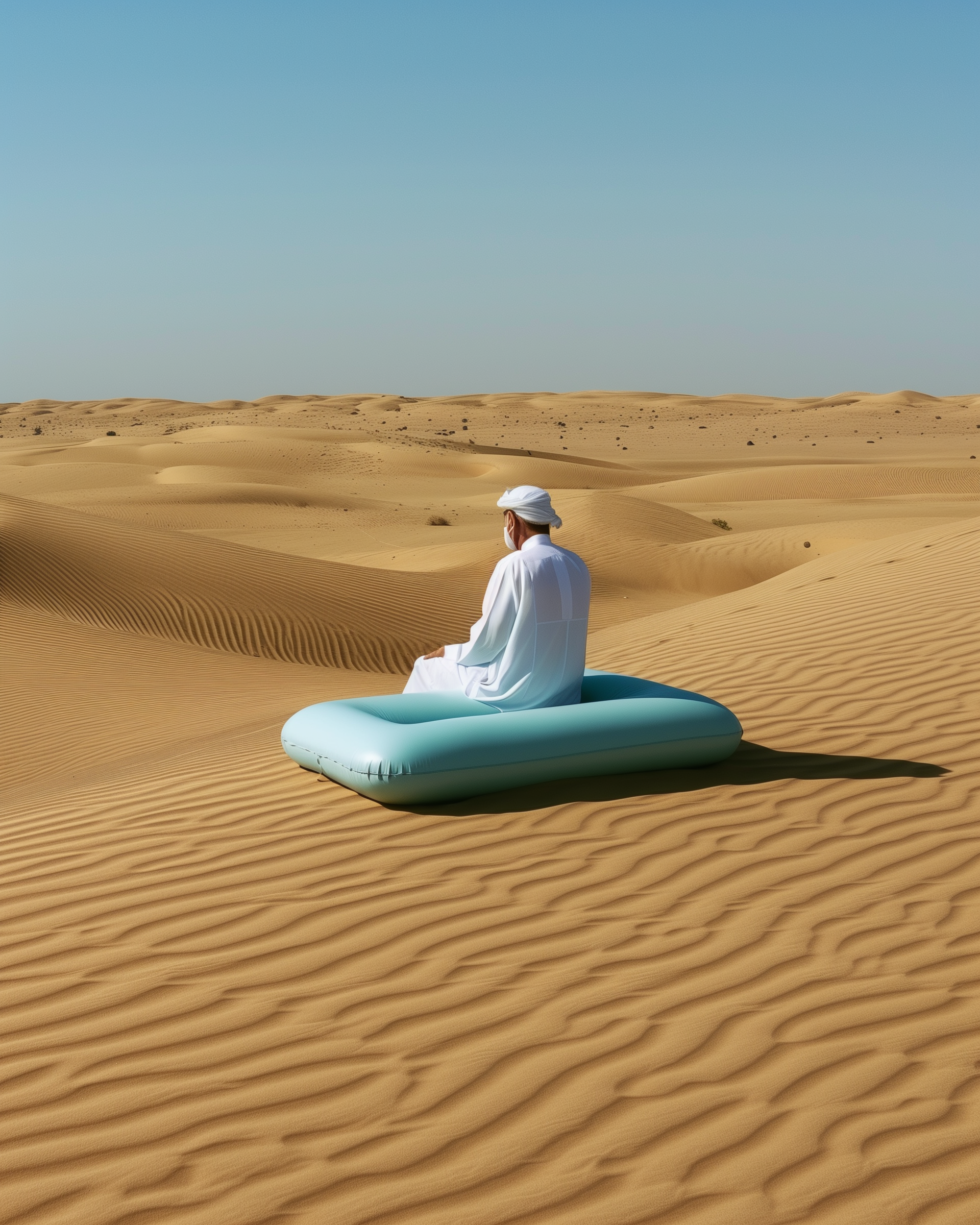 Person dressed in white sitting on an inflatable raft in a desert with sand dunes and clear blue sky.
