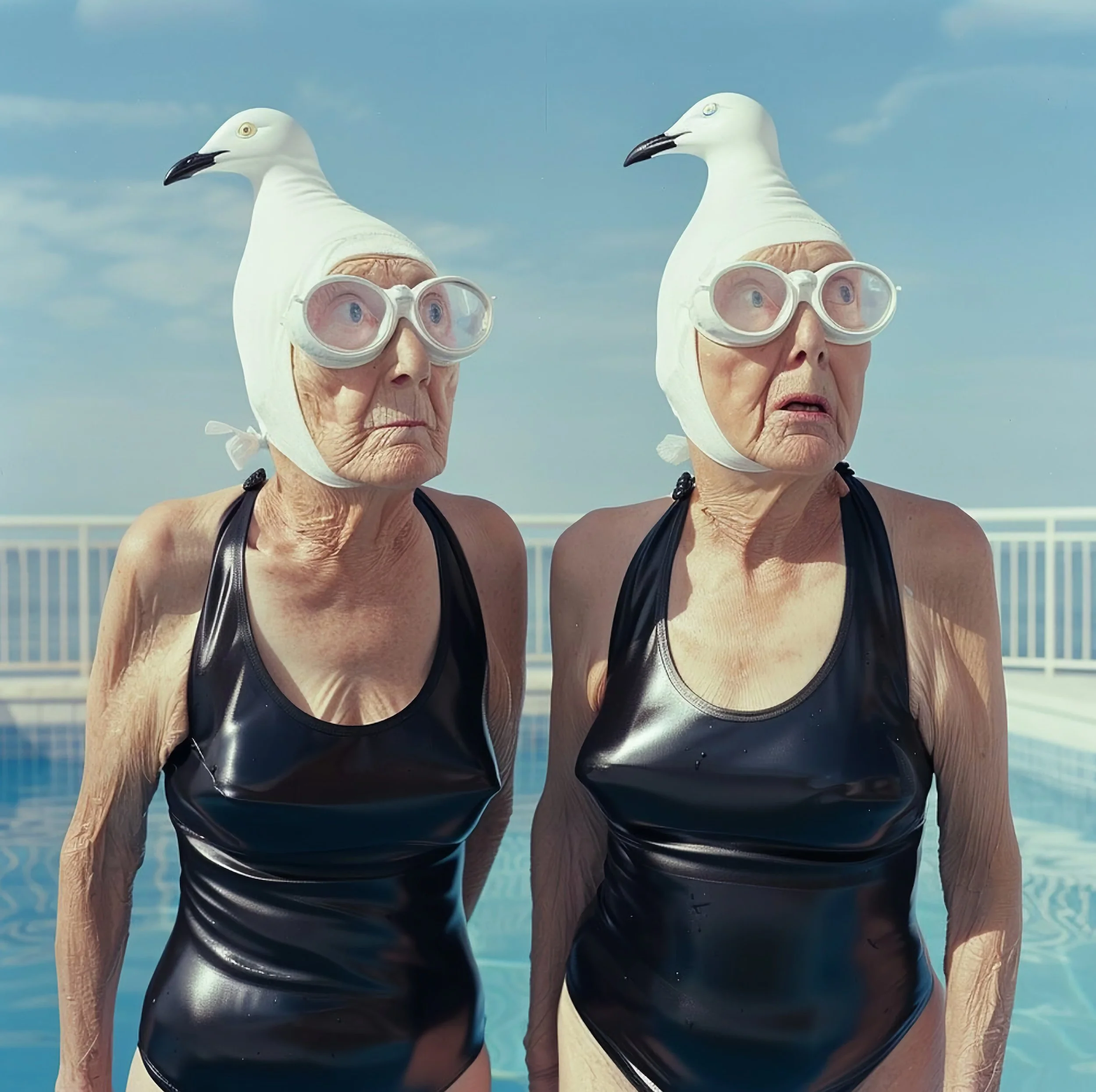 Two elderly women wearing black swimsuits and white bird-shaped swim caps with goggles, standing by a pool under a blue sky.