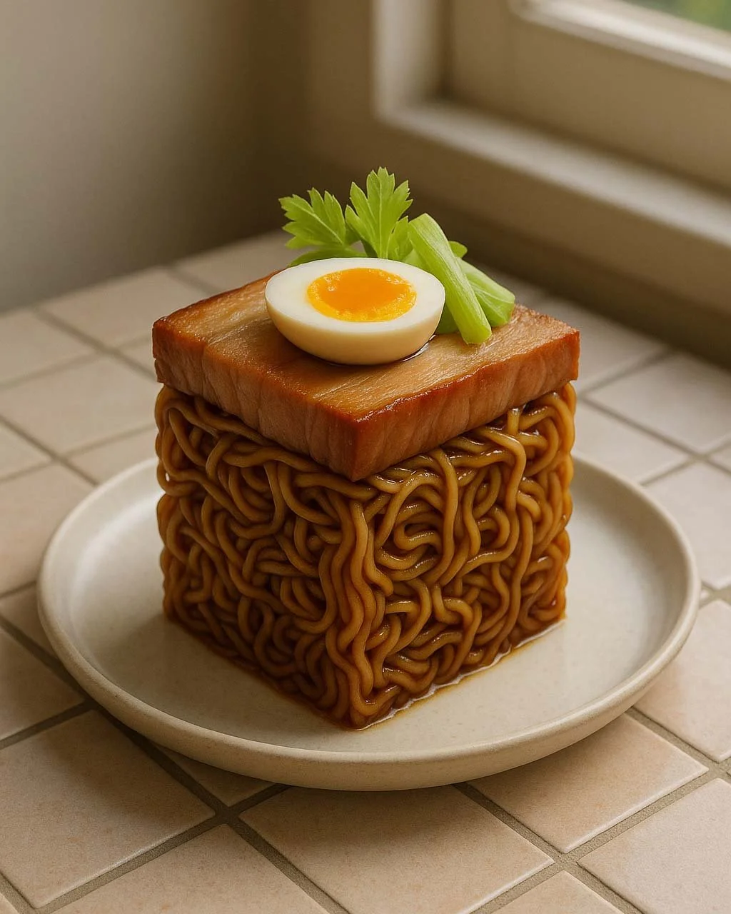 A dish featuring a block of cooked ramen noodles topped with a fried pork belly, a halved soft-boiled egg, and garnished with celery and parsley, served on a white plate.
