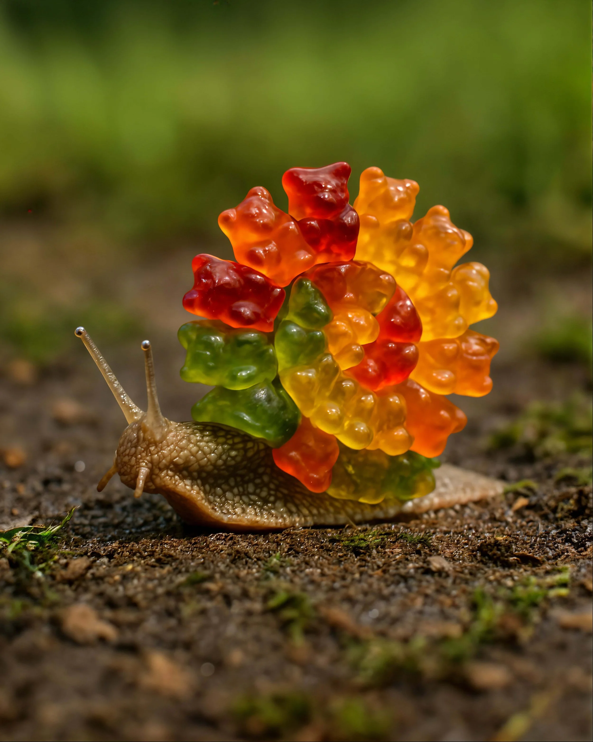 A snail with a shell shaped like colorful gummy bears on its back, crawling on soil with a blurred green background.
