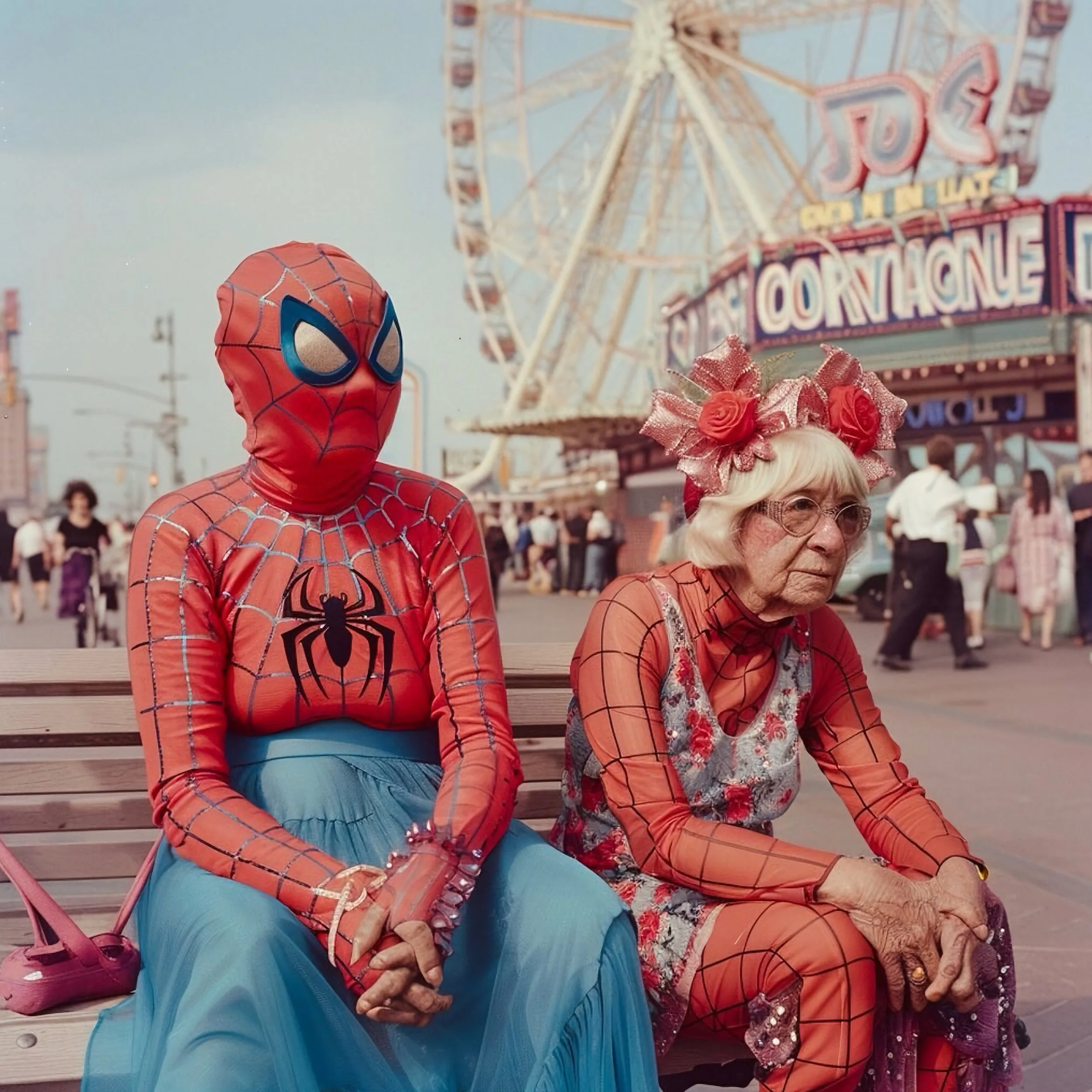 A person dressed in a Spider-Man costume sitting on a park bench next to an elderly woman with a flower crown on her head, at a fairground with a large Ferris wheel in the background.