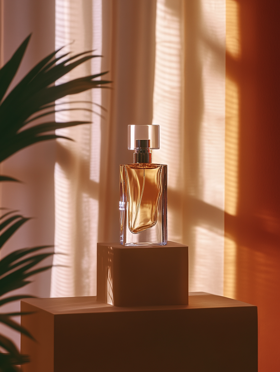A perfume bottle with a metallic cap on a display stand, backlit by warm light through curtains, with green plant leaves partially visible on the left.