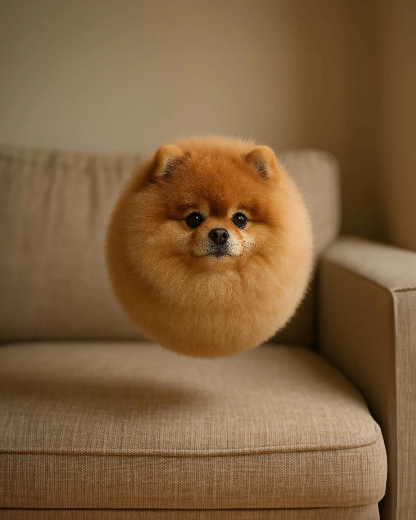 A Pomeranian dog with a fluffy, orange coat sitting on a beige couch.