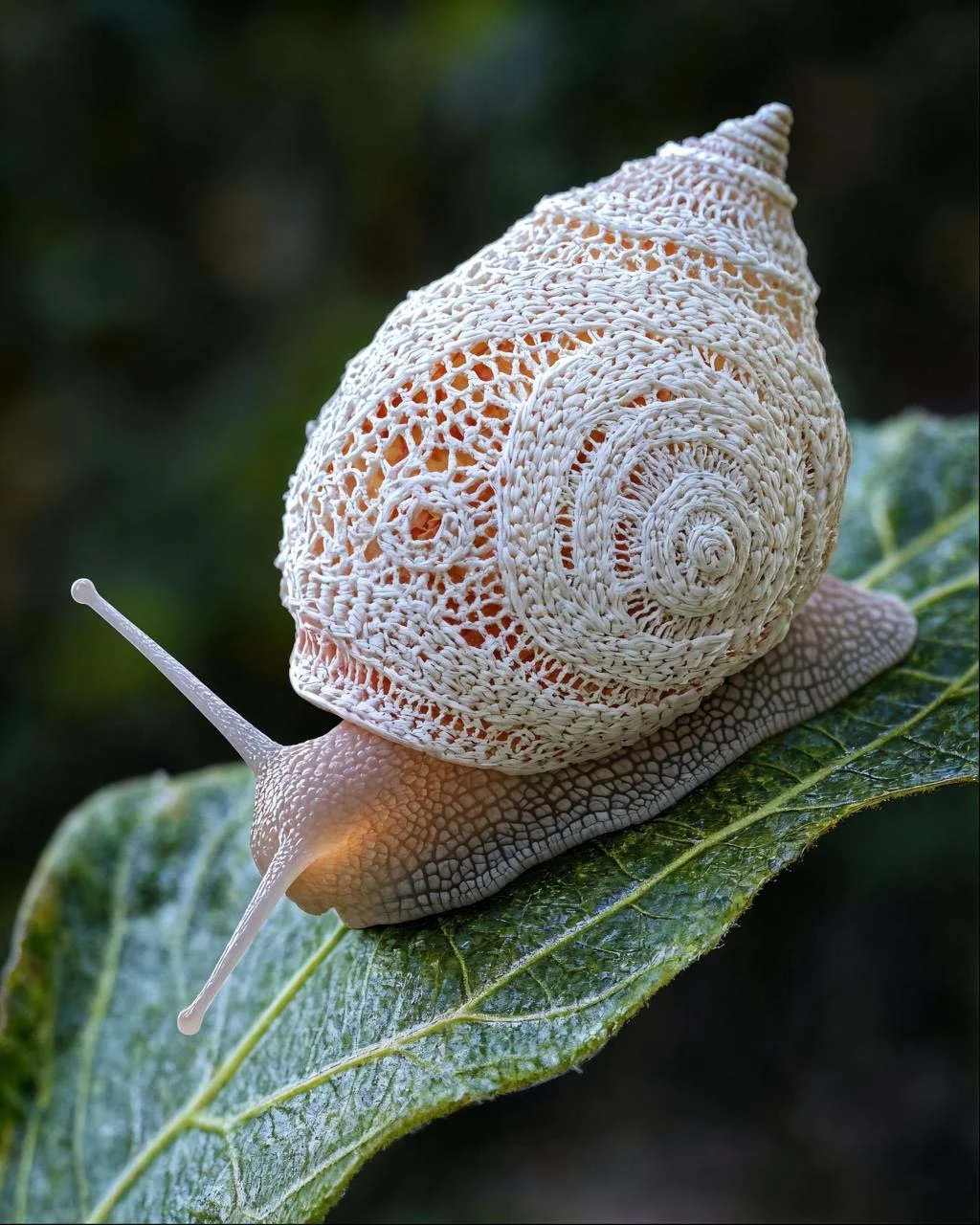 A white snail with a spiral shell made of intricate lace-like patterns, crawling on a green leaf.